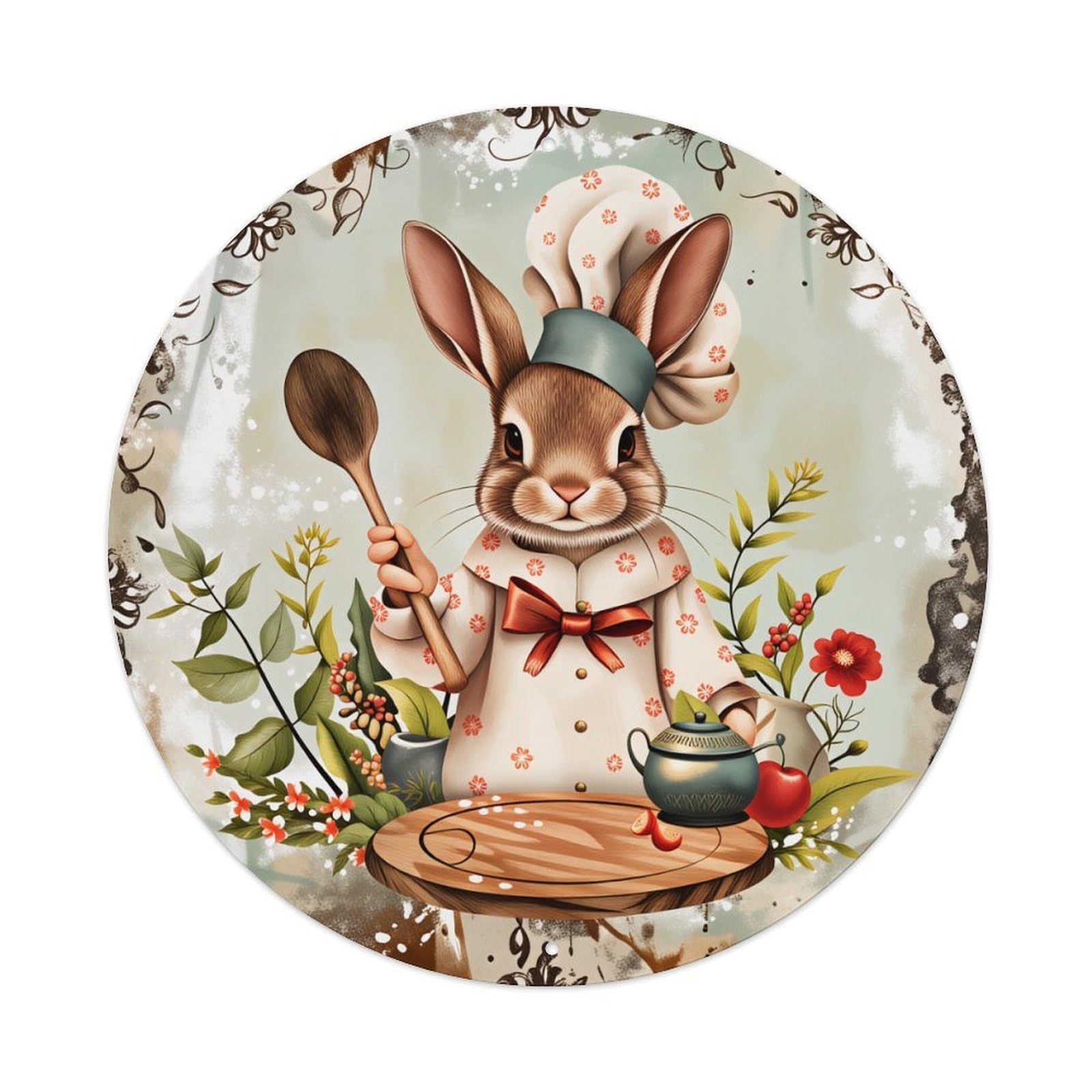 Wmlzdnwr Vintage Rabbit Chef With Spoon And Teapot In Floral Art Round Tin Sign,Retro Wall Art,Metal Poster For Home, Bar, Garage, Cafe, Rustic Indoor & Outdoor Decor, 8X8 Inches