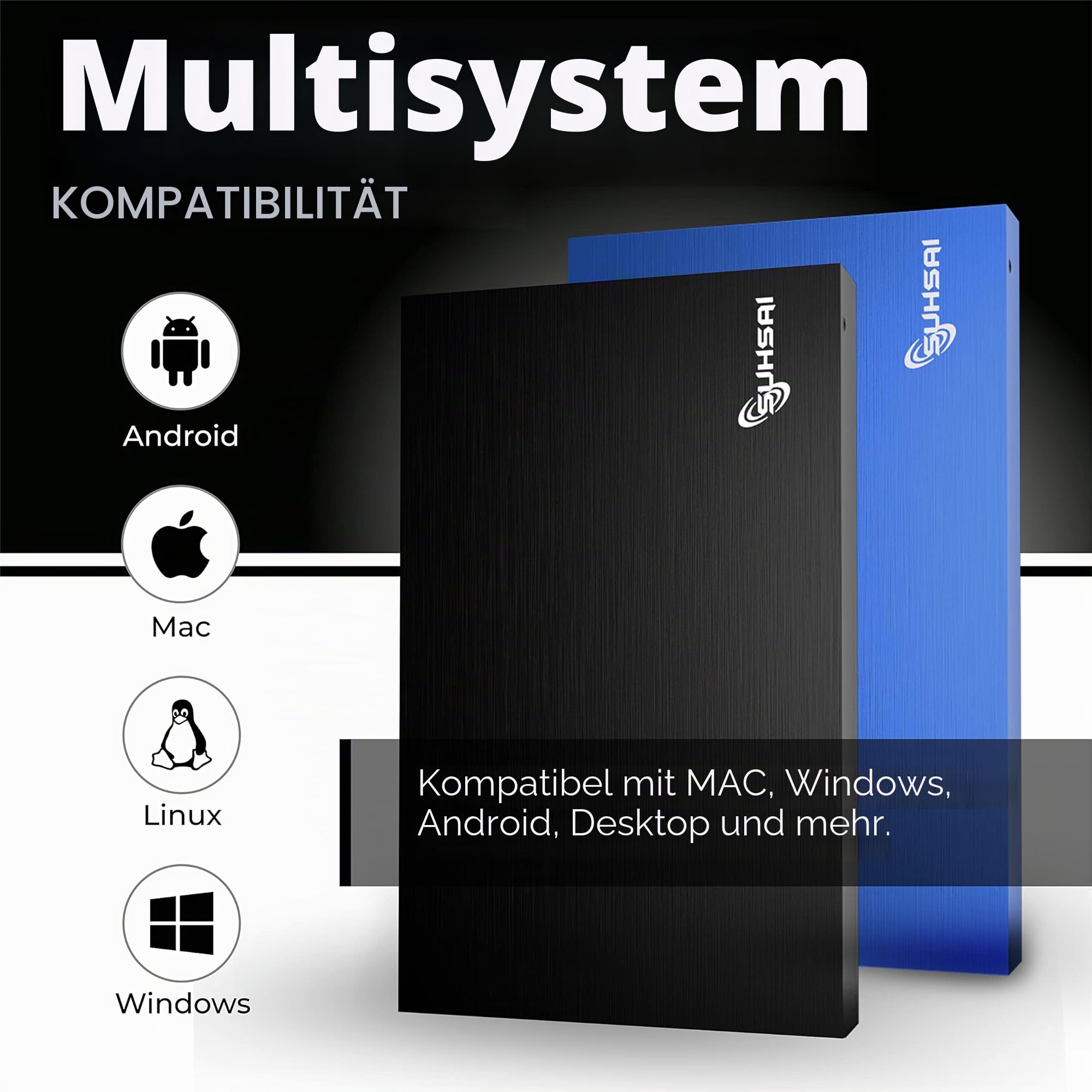 SUHSAI Externe Festplatte 1 TB, 2,5 Zoll Tragbare HDD mit USB 3.0, Plug-and-Play Datenspeicher für PC, Mac, Laptop, Gaming-Konsole, LED-Anzeige, Blau, 1 TB