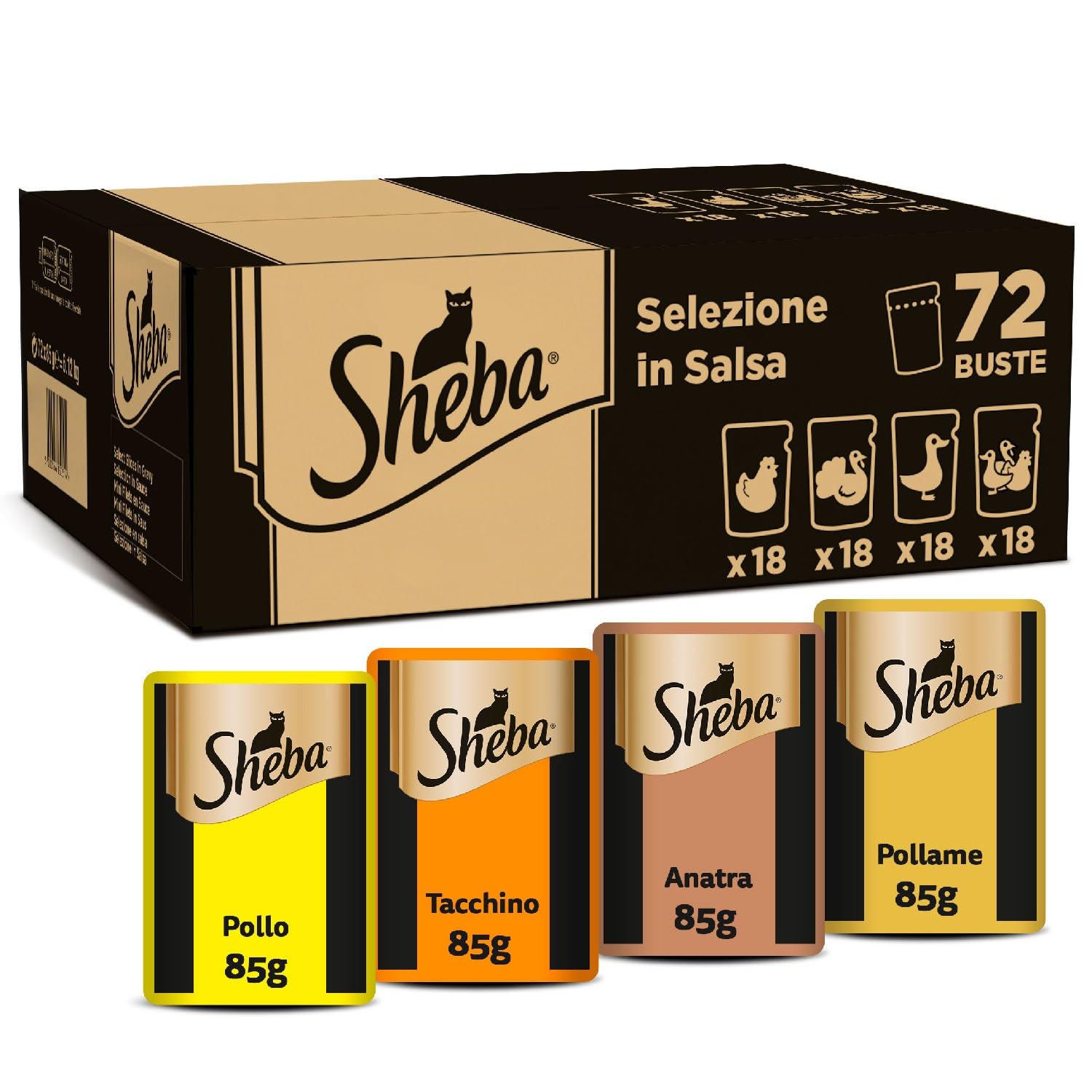 Sheba Selezione in Salsa, gusti Pollo, Tacchino, Pollame, Anatra, cibo umido completo per gatti adulti, 72 Bustine da 85g