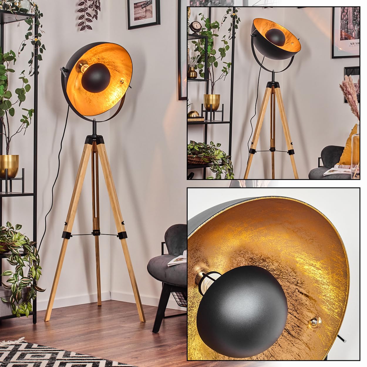 HOFSTEIN Stehleuchte Jupiter, Stehlampe aus Holz/Metall in Naturfarben/Schwarz/Goldfarben, Leuchte im Boho-Style, Höhe 167 cm, Ø 49 cm, Fußschalter - Wohnzimmer, Schlafzimmer, Esszimmer, Flur, Büro