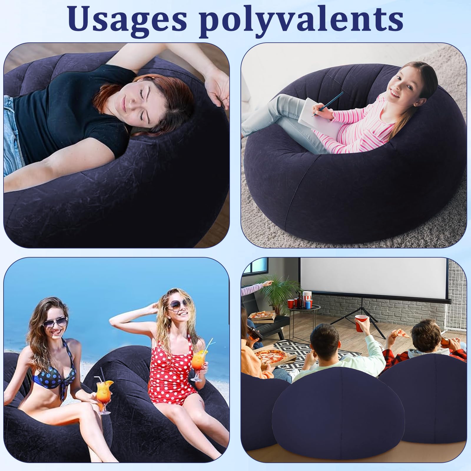Lot de 2 Chaises Gonflables Pliables Confortables – Fauteuils Gonflables Portables pour Salon, Chambre, Lecture, Camping ou Détente (Bleu Foncé)