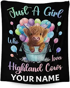 Personalized Highland Cow Blanket Gifts with Name - 40x50 Inches Cute Throw Blanket for Girls - Colorful Soft Fuzzy Blankets for Bed, Couch & Living Room