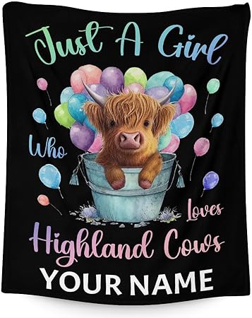 Personalized Highland Cow Blanket Gifts with Name - 40x50 Inches Cute Throw Blanket for Girls - Colorful Soft Fuzzy Blankets for Bed, Couch & Living Room