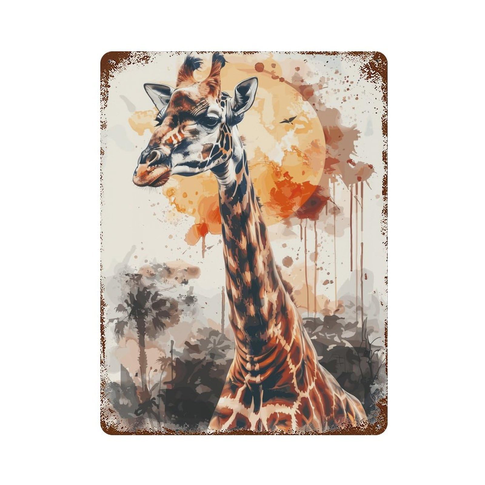 Giraffe Sun Watercolor Rustic Tin Plaque 15.7"x11.8", Ideal for Shed, Workshop And Garage Wall Decor