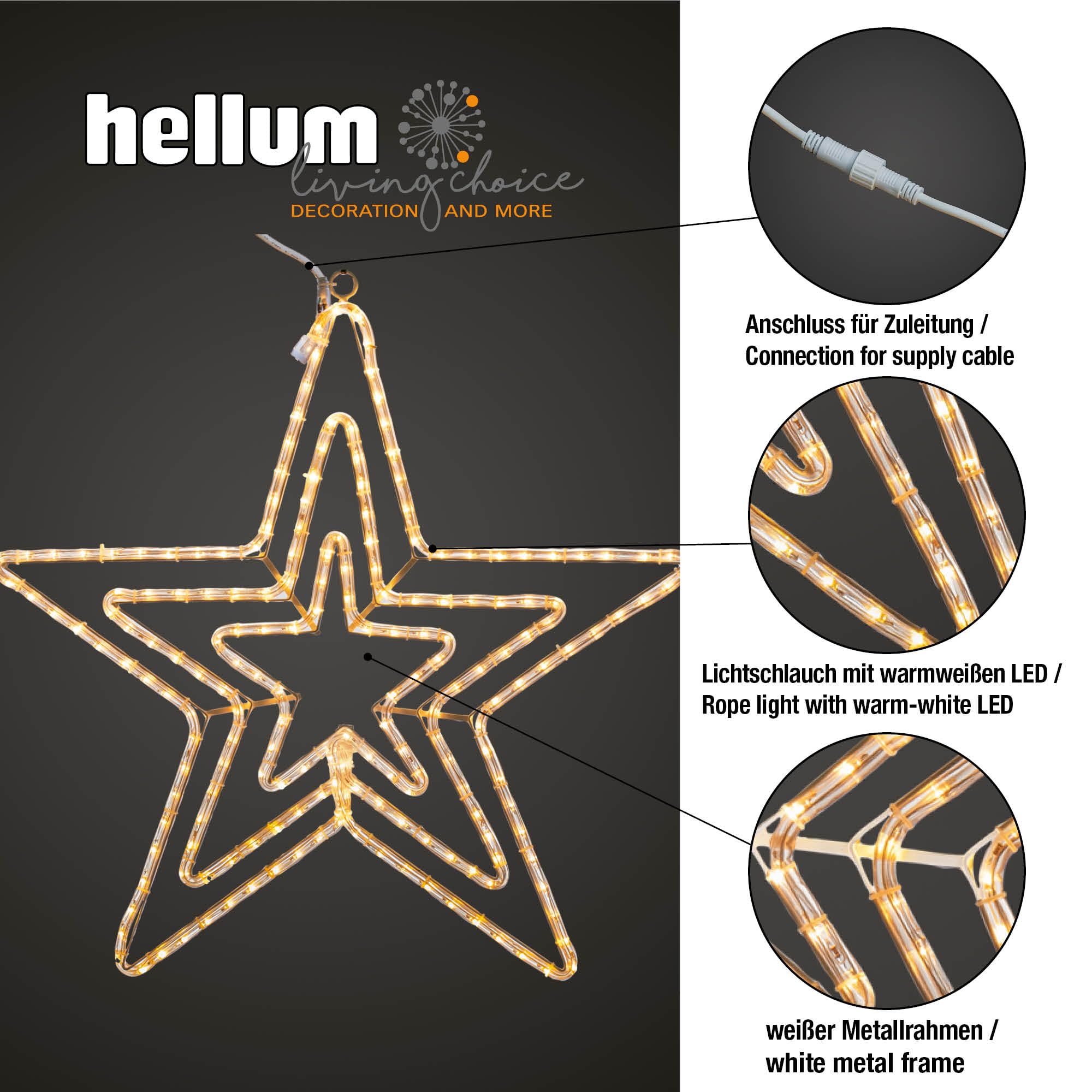hellum LED-System Profi Lichterkette Außen verlängerbar Lichtschlauch Stern warmweiß 216 LED wetterfest, ohne Netzkabel, ø 67 cm, Kabel weiß, outdoor 899764