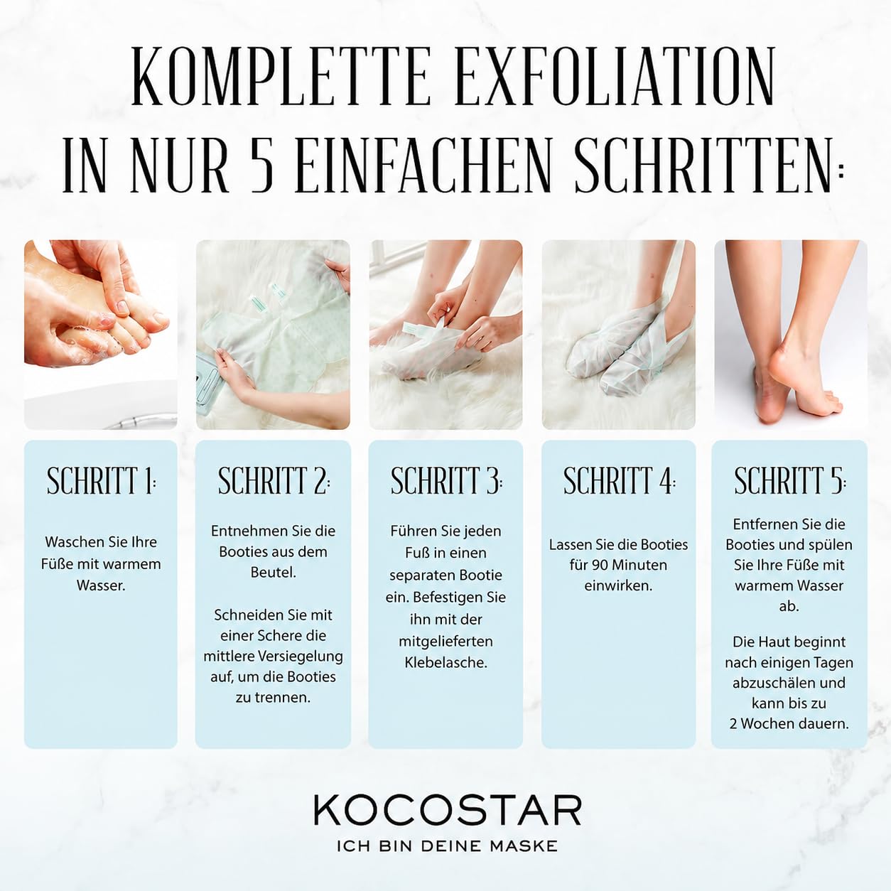 KOCOSTAR Fuß Peeling Pack – Fußpeeling in Sockenform; entfernt abgestorbene Hautschüppchen, regeneriert und spendet Feuchtigkeit dank AHAs, Hyaluronsäure sowie beruhigenden Wirkstoffen. 5er-Pack.