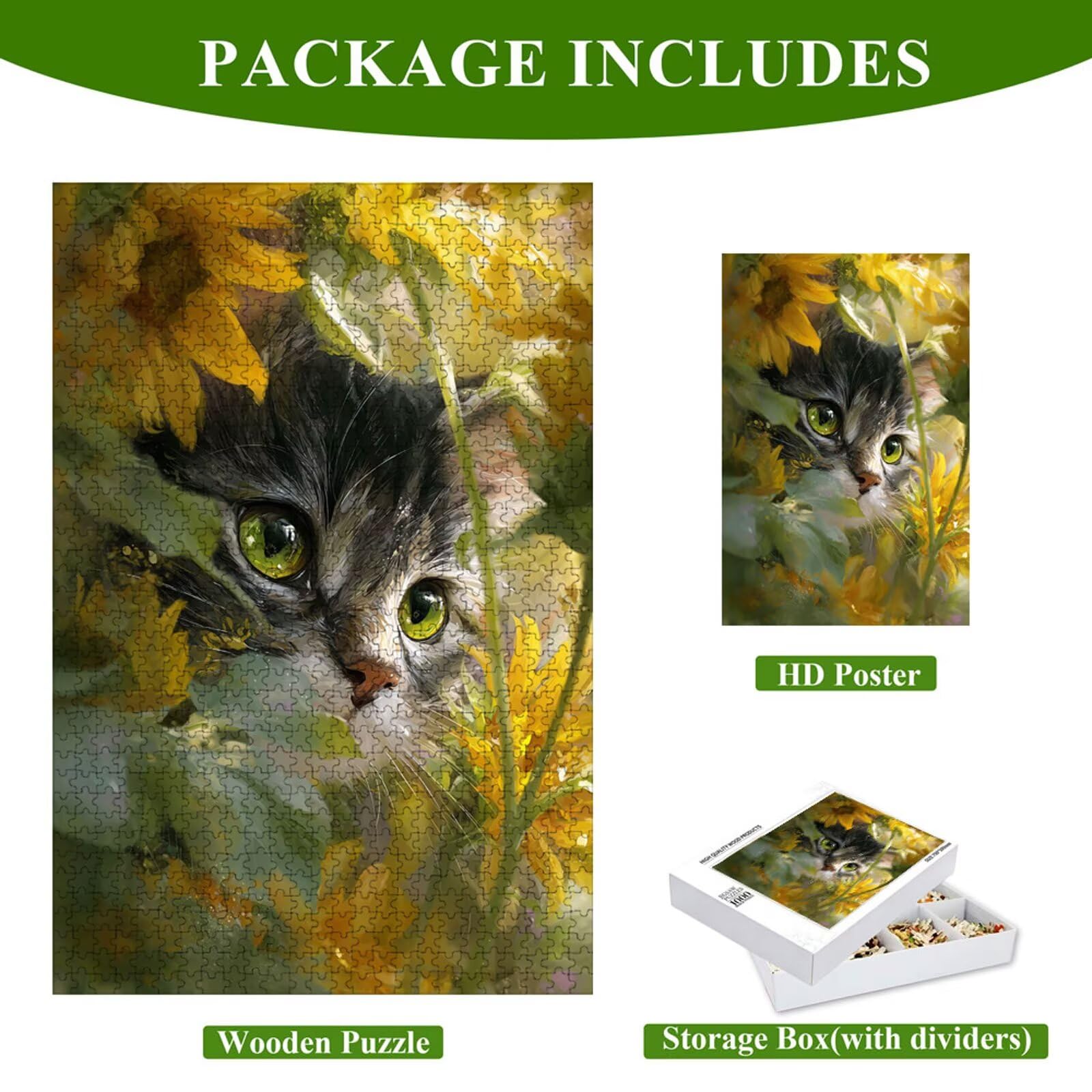 Puzzle Adulti - Gatto & Flower - 1000 Pezzi Fabbricazione in Legno Robusto - Decorazione Murale con Poster - Prodotto Riservato ad Adulti e 14 Anni in Su (75x50cm) P3#1241