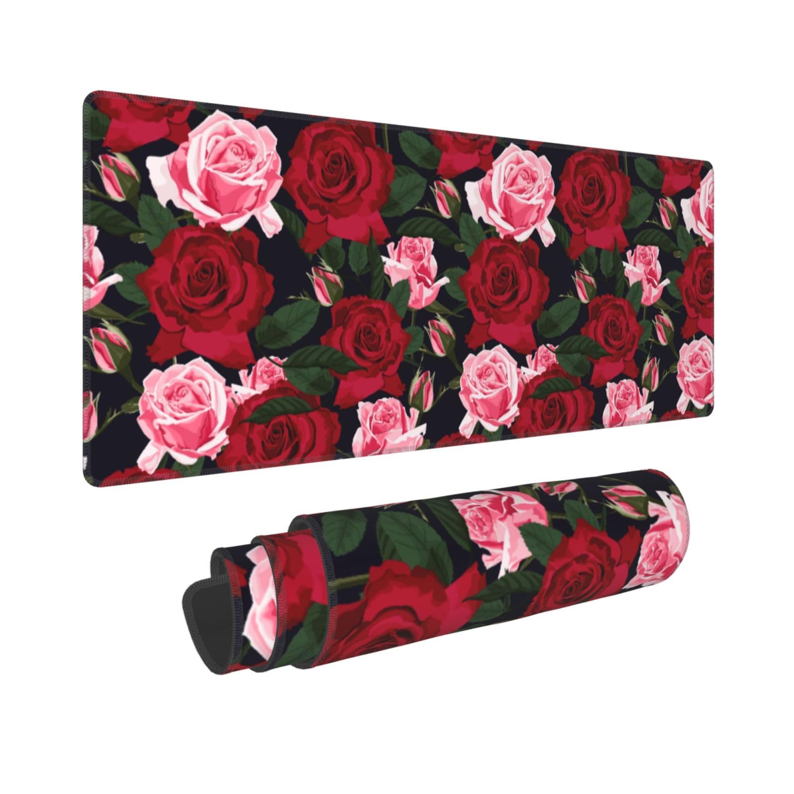 Gaming Mouse Pad, Large Red Pink Roses Flowers Mousepad Laptop, Extended Floral Mouse Mat…