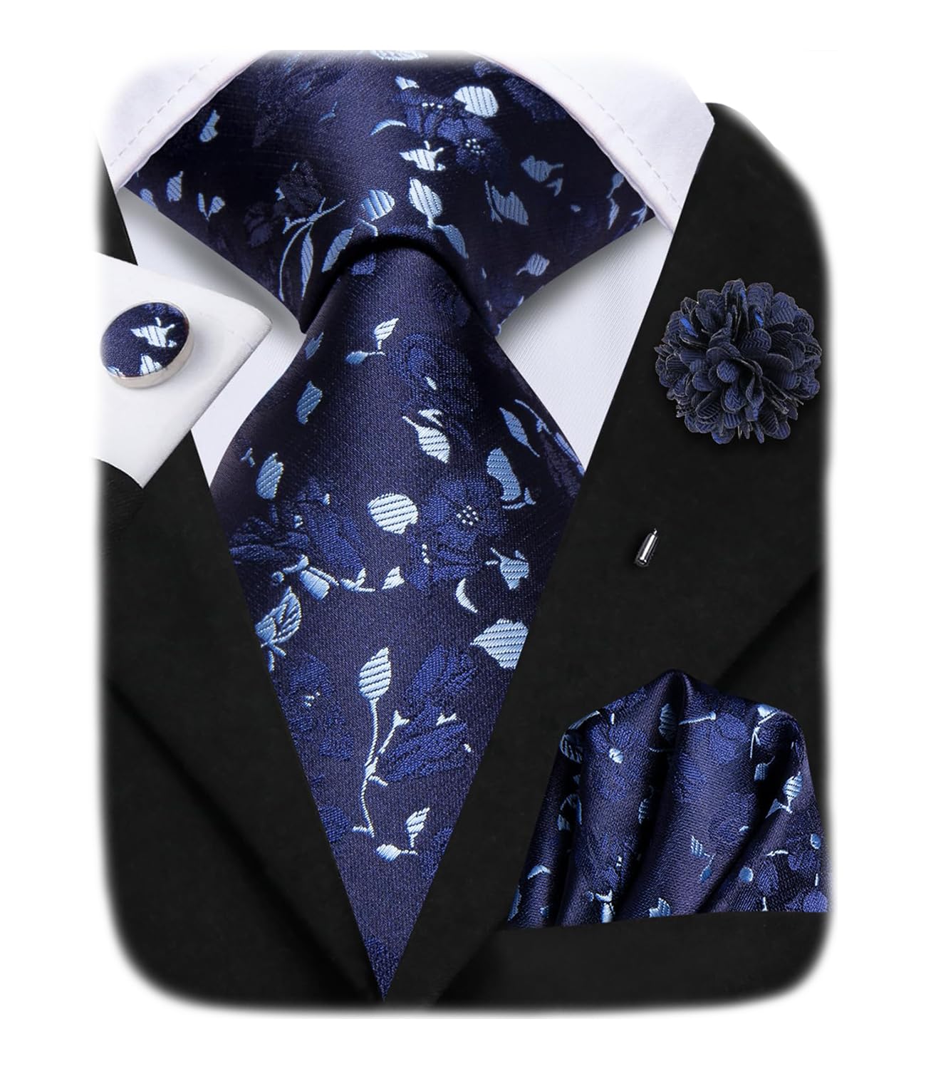 Hi-Tie Men's Dark Blue Floral Jacquard Ties Silk Classic Necktie Lapel Pin Pocket Square Cufflinks Sets Formal Business Wedding