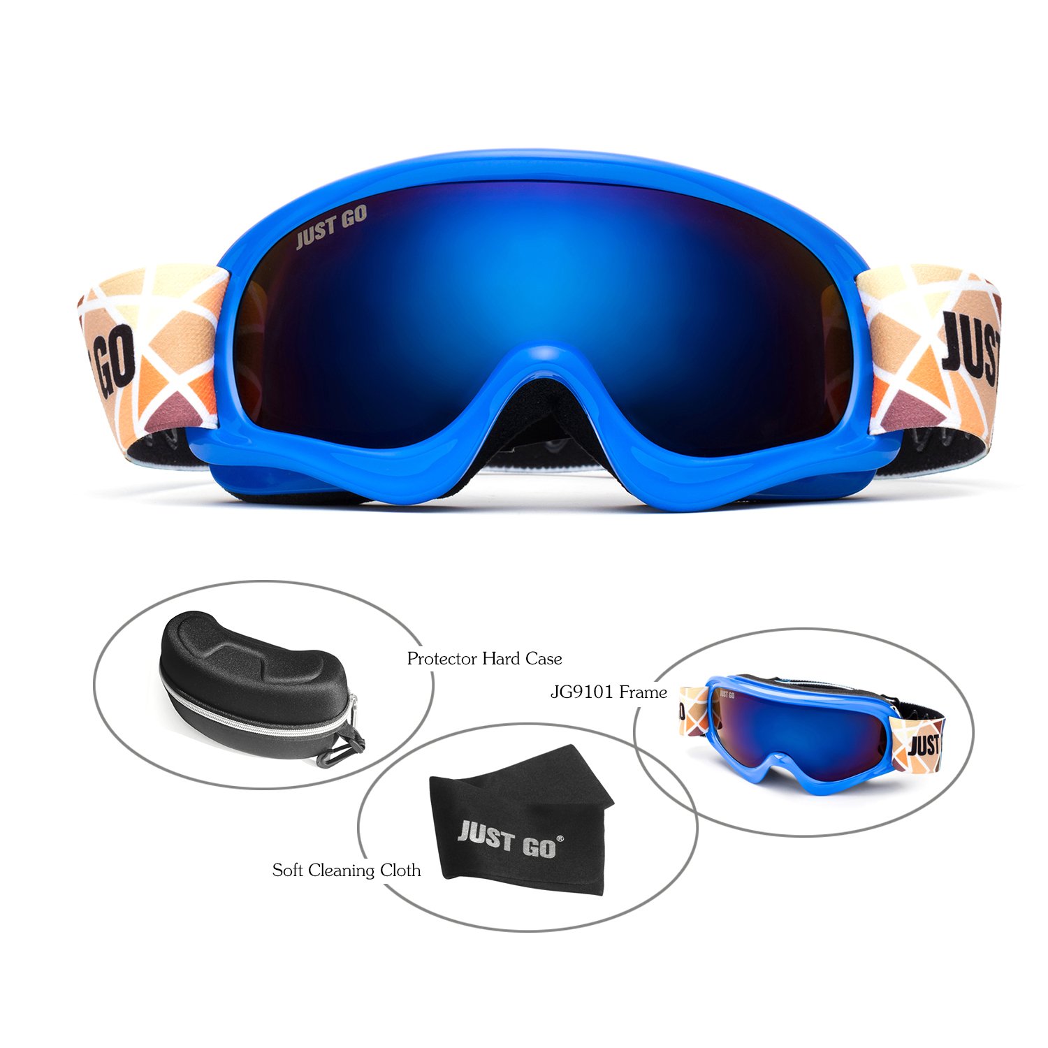 JUST GO Gogle narciarskie dla dzieci z etui EVA, gogle snowboardowe, przeciwmgielne, dwuwarstwowe soczewki ochronne UV 400, dla chłopców i dziewczynek, niebieska ramka, niebieskie soczewki REVO (VLT