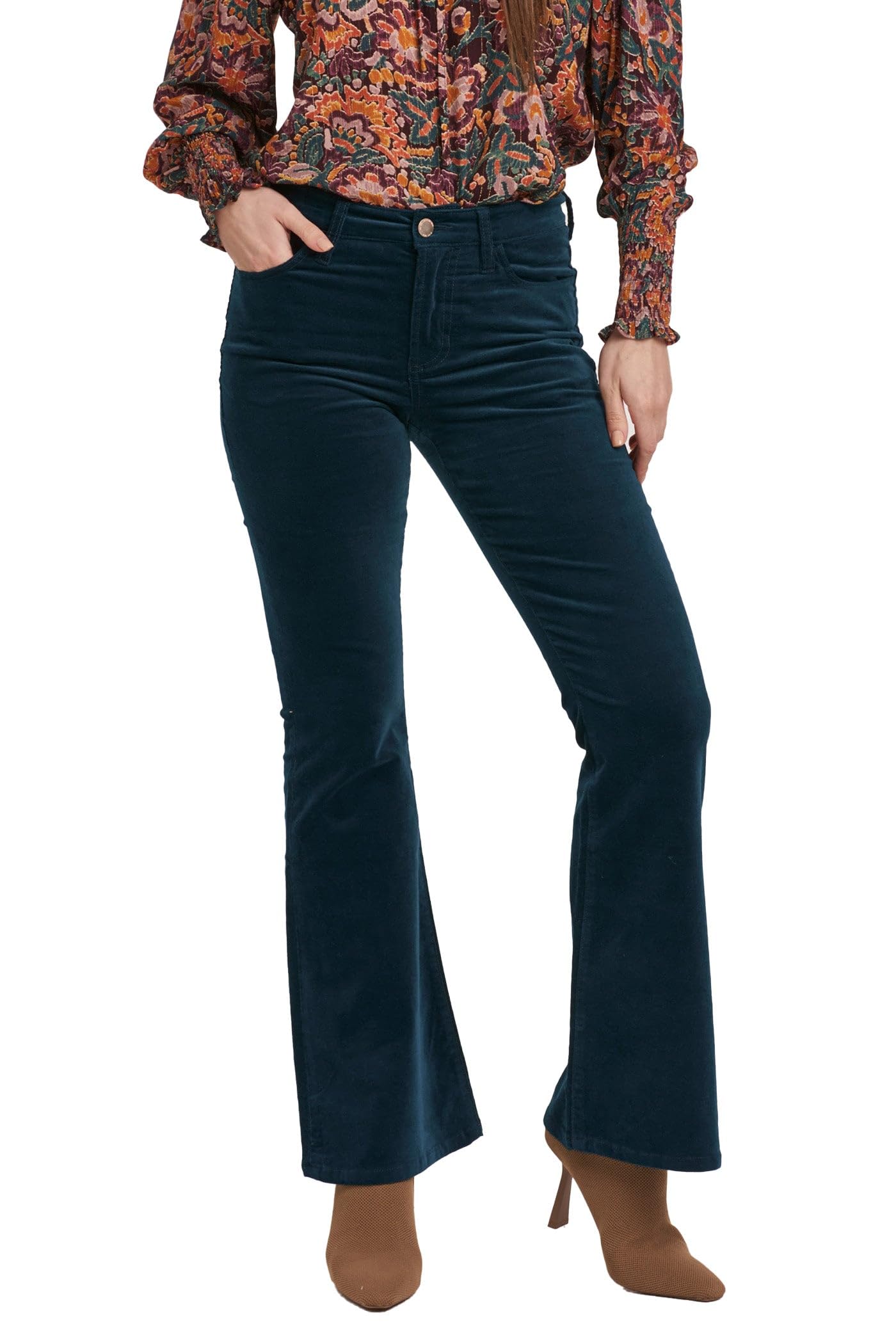 DEAR JOHN Rosa Flare Pants Womens Mid Rise Full Length Classic Fit Stretch Tailored Trouser Teal Velveteen 31
