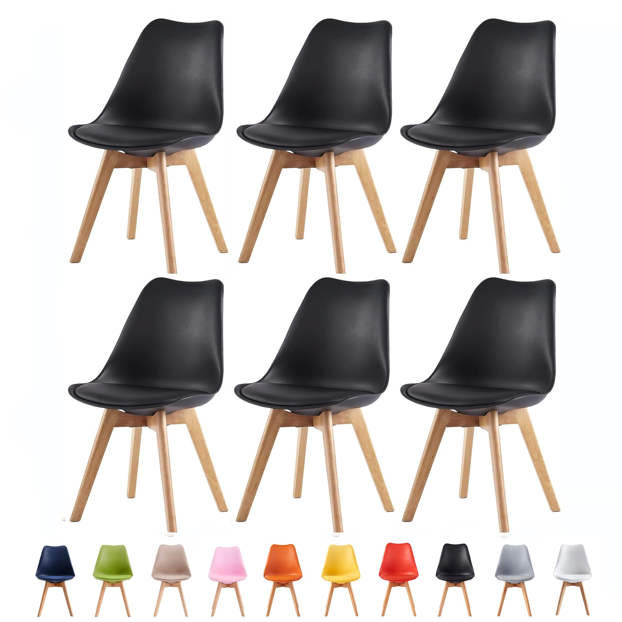 mcc direct Set of 6 Dining Chairs Wooden Legs Soft Cushion Pad Stylish DELUXE Retro Lounge Dining Office EVA (Black)
