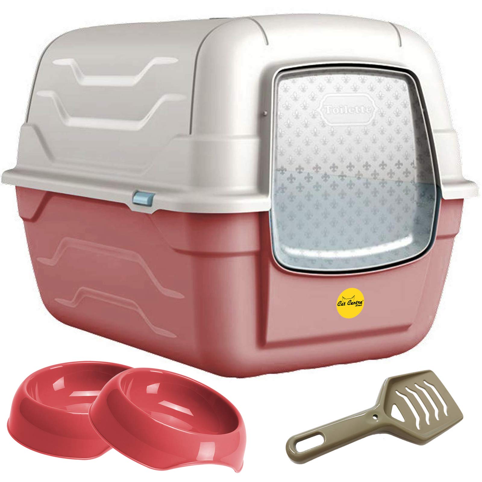CatCentre Pink Large Hooded Luxury Cat Litter Tray & Gusto Food Water Bowls Bundle