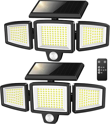 WWimy - Luces solares para exteriores 210 luces LED de 2500 lúmenes con sensor de movimiento y control remoto 3 cabezales de seguridad LED luz de