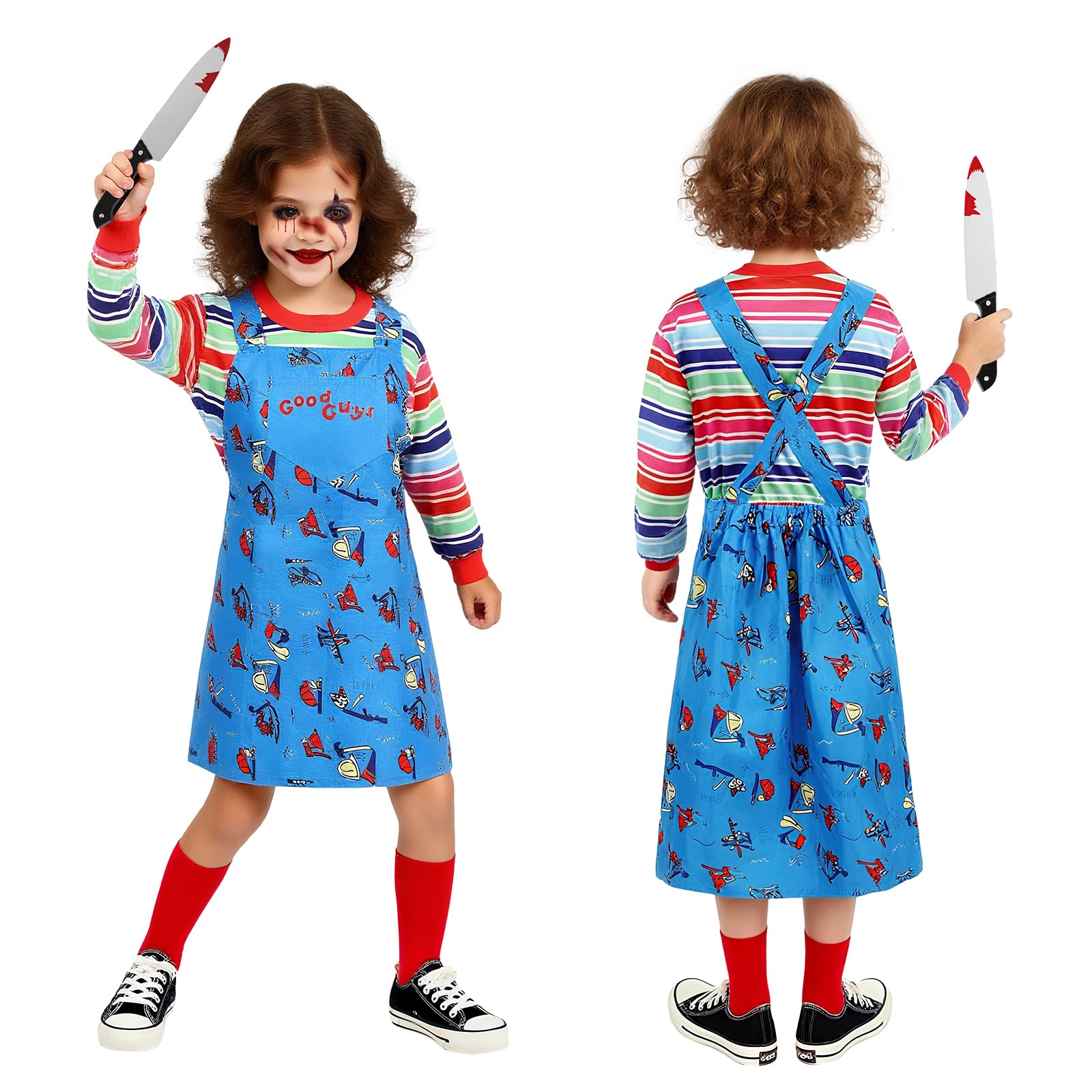 Makoike Kids Creepy Doll Costume Killer Outfit Wig Jumpsuit Stripe Tops Halloween Costume Carnival Cosplay Props - Image 4
