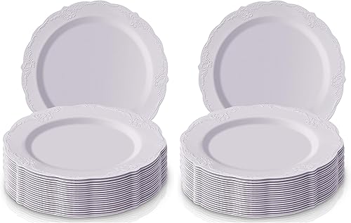 Silver Spoons Platos desechables de plástico reutilizable de alta calidad, vintage, 10 piezas, platos llanos, color blanco (paquete de 2) Rosa