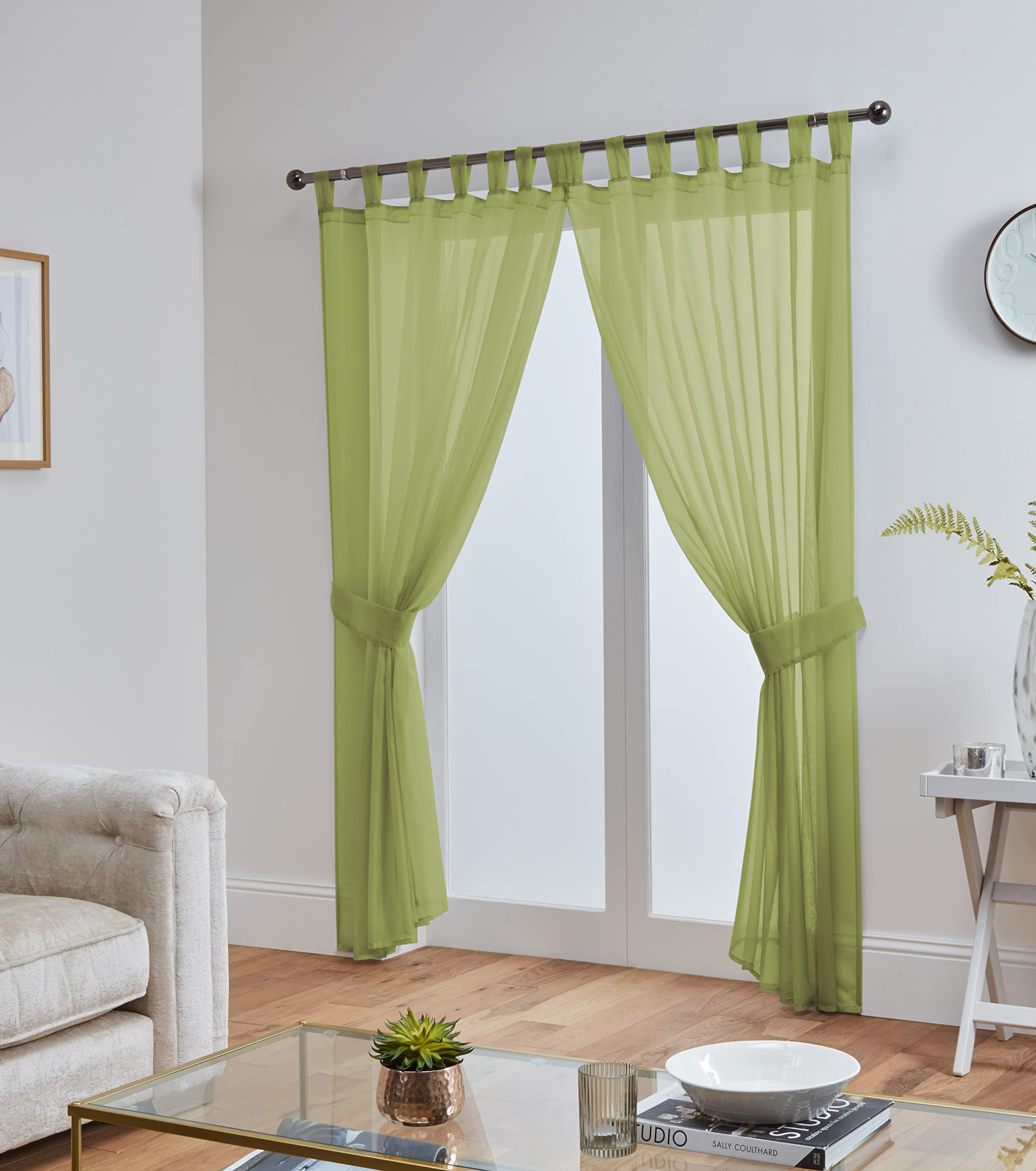 John Aird Pair Of Woven Voile Tab Top Curtain Panels. Tiebacks Included (Lime, 58" Wide x 36" Drop) — image 1