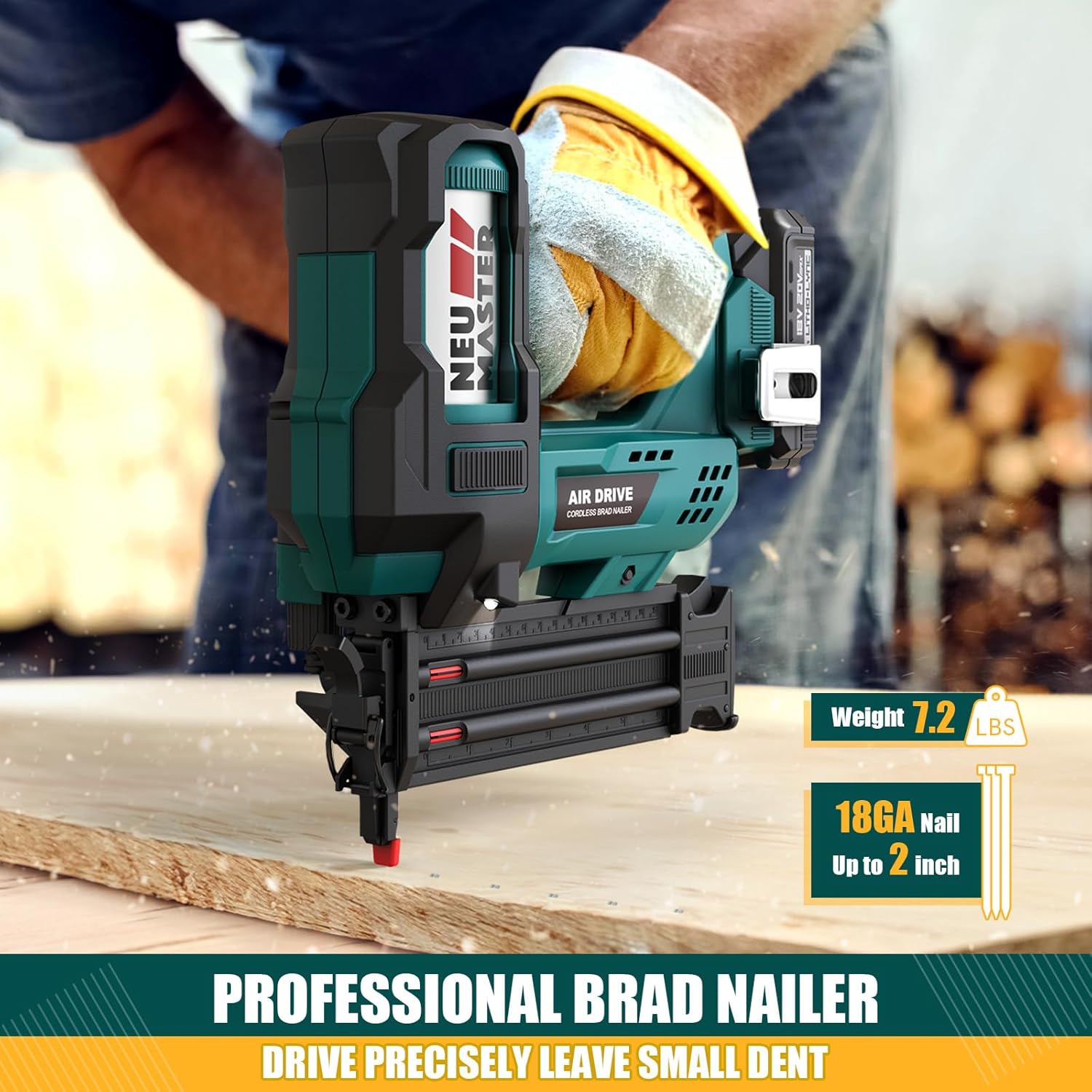 neu master nail gun battery powered, cordless nail gun-18ga 2 inch nail with depth adjustment/1800pcs nails, multi-usage brad nailer for trim, molding, woodwork, diy upholstery-20v battery&charger double cylinder brad nailer ntc0090