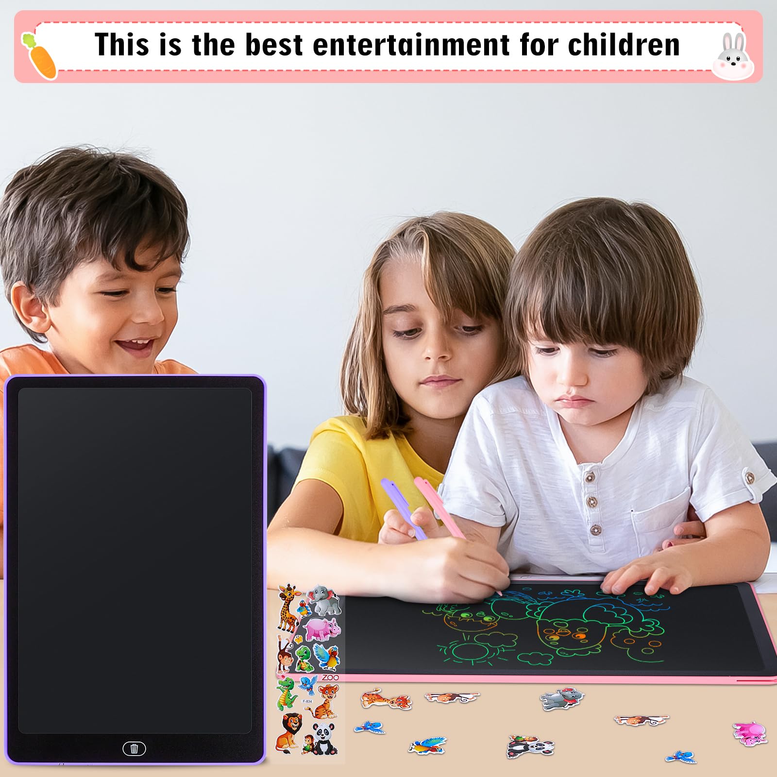 2 Pack Tablette D'écriture LCD 16 Pouces,LCD Tablette Dessin avec Ecran Coloré,Bloc D'écriture Effaçable avec des Autocollants D'animaux,pour Garçons et Filles de 3 4 5 6,Rose + Violet