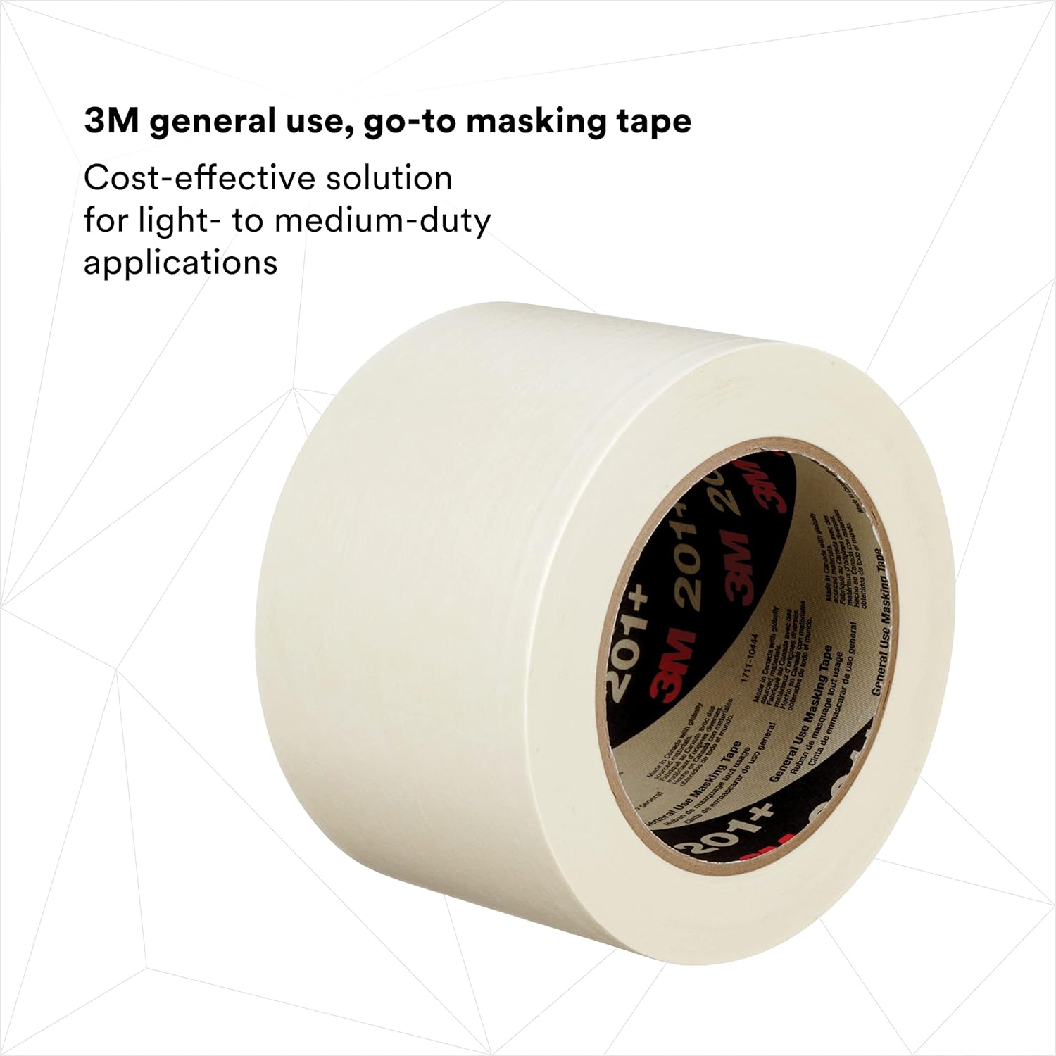 3M General Use Masking Tape 201+, Crepe Paper, Low Unwind, Clean Removal, Easy Tear, Resist Slivering, Tan Color, 72 mm x 55 m, 4.4 mil, 12/Case