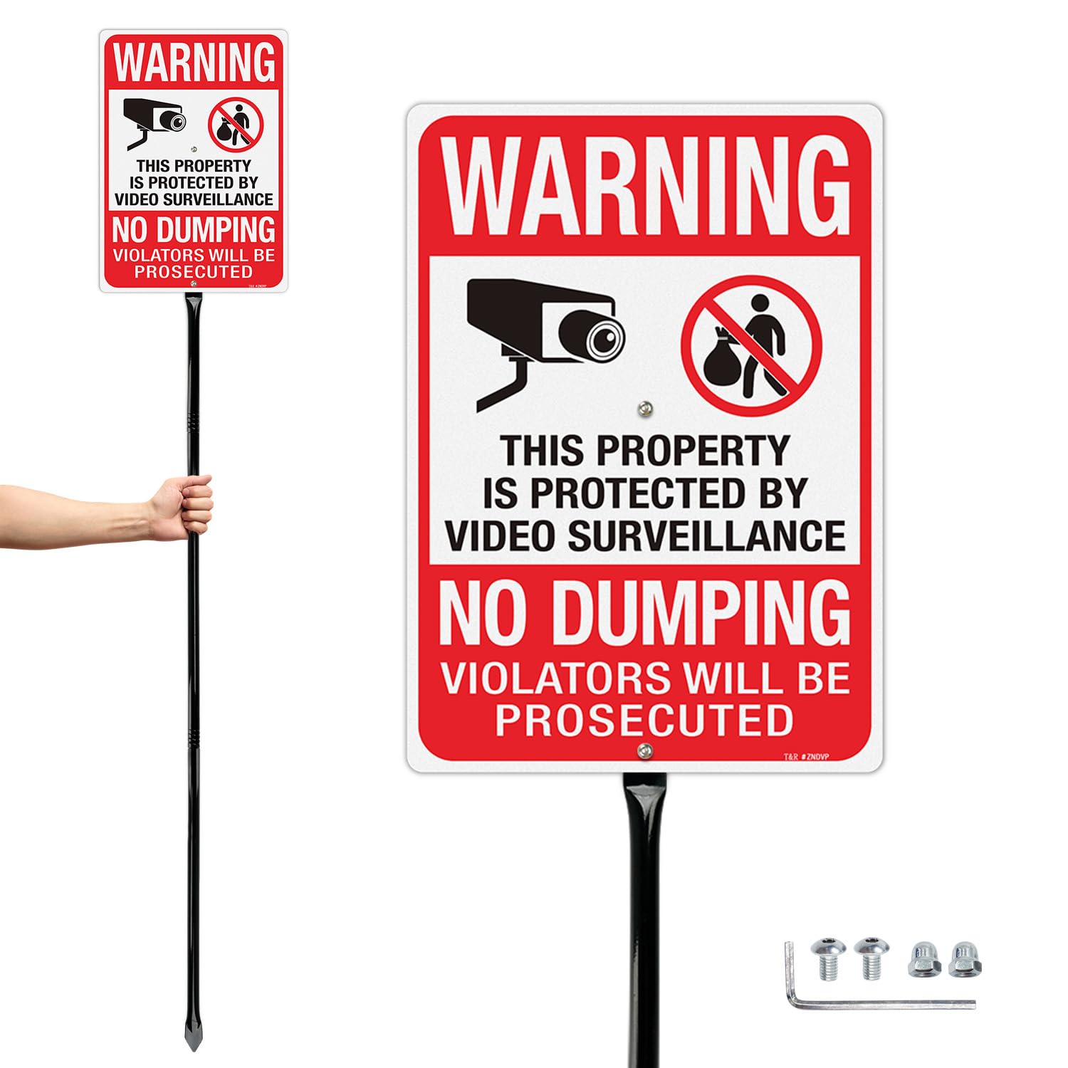 T&R Large No Dumping Signs, Property Protected By Video Surveillance Sign with 54" Stake, Violators Will Be Prosecuted - 14"x10" .040 Rust Free