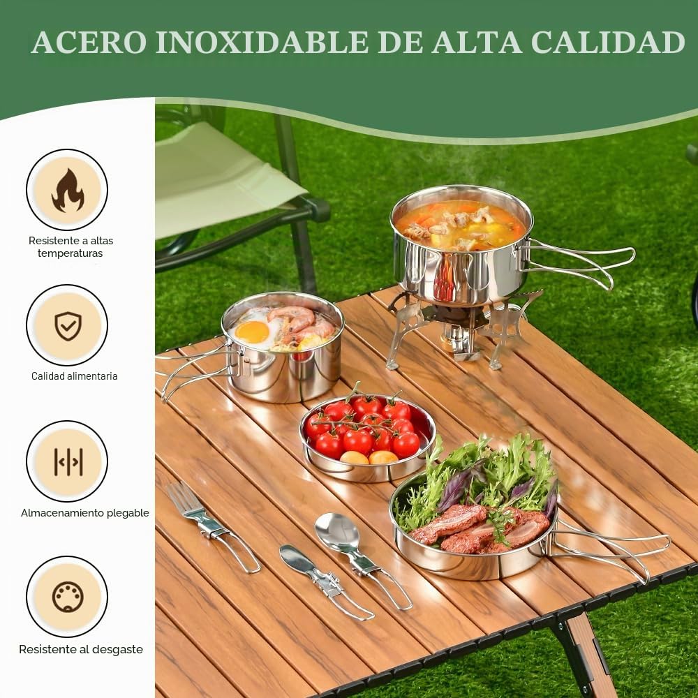 Kit Cocina Camping Acero Inoxidable, Juego de Ollas y Sartenes para Camping, Set de Cubiertos Plegable para Llevar, con Tenedor Cuchara Cuchillo y Bolsas, Kit Cocina Camping para 2-3 Personas