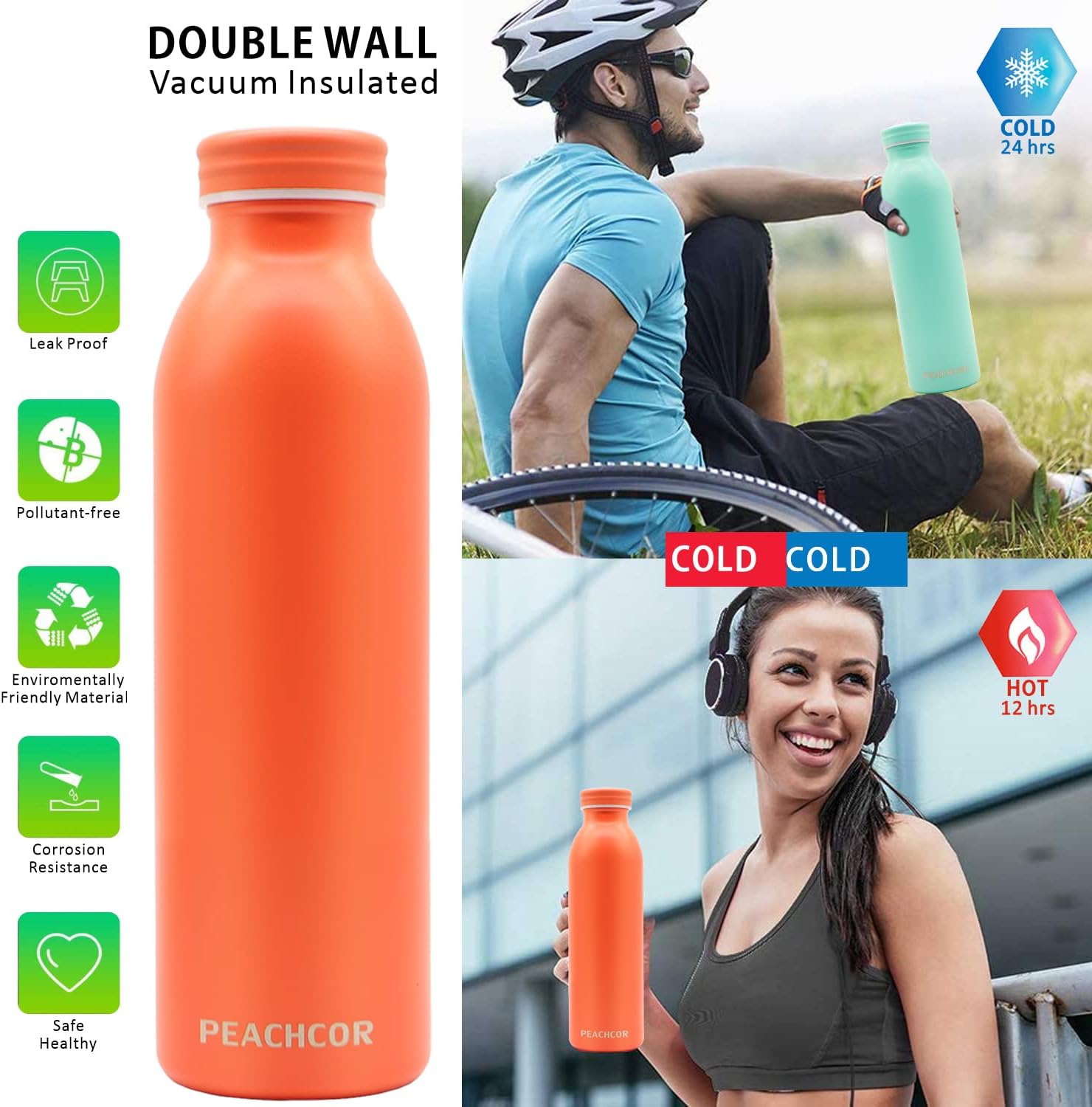20oz Stainless Steel Water Bottle - Double Walled Vacuum Insulated - Keeps Hot for 12 & Cold for 24 Hours - BPA-Free - Leak Proof Reusable - Thermo Flask for Sports, Outdoor (Orange) - Image 5