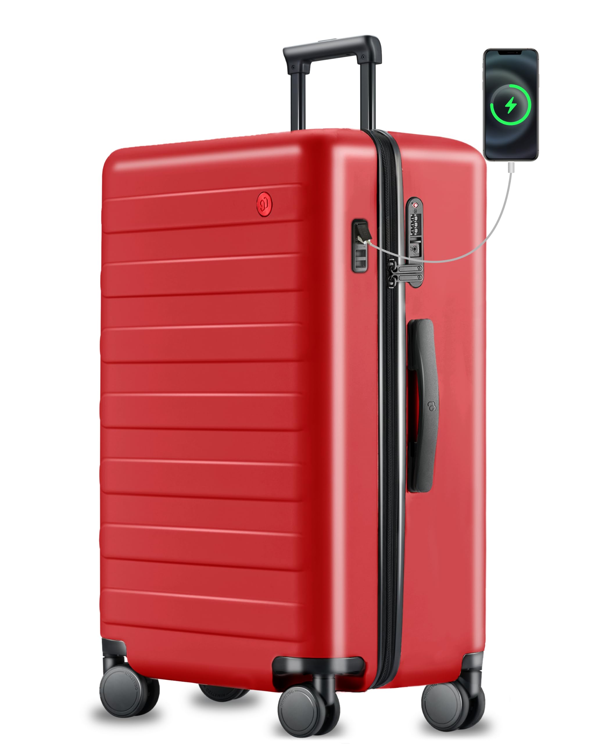 29 Inch Large Luggage, Trunk Suitcase with USB Charging Port, Hardside Checked Extra Large Luggage Bag with Spinner Wheels for Travel (105L, Samba Red, Rhine Pro Plus)