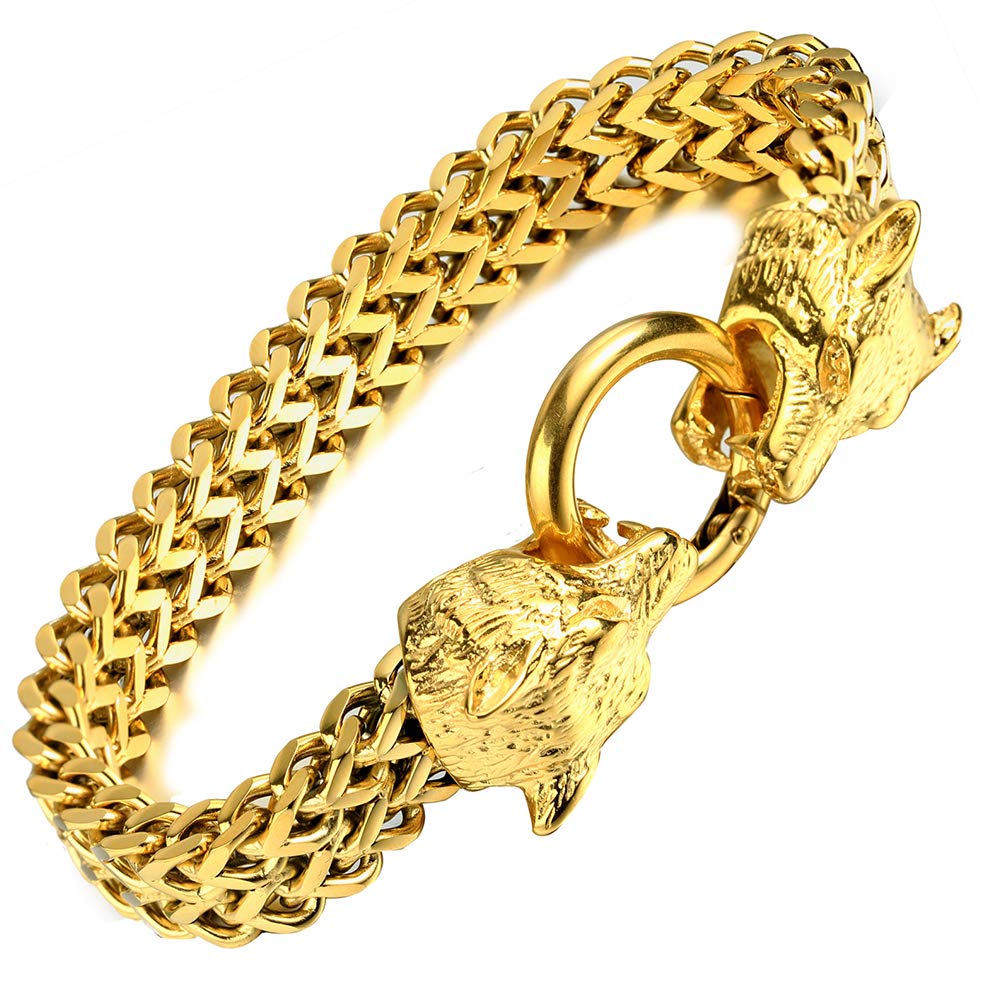 YABEME Viking Double Headed Wolf Fenrir Armband Edelstahl 18 Karat Vergoldet Kubanische Drachenkette Nordic Odin Celtic Pagan Rune Amulett Schmuck Geschenk
