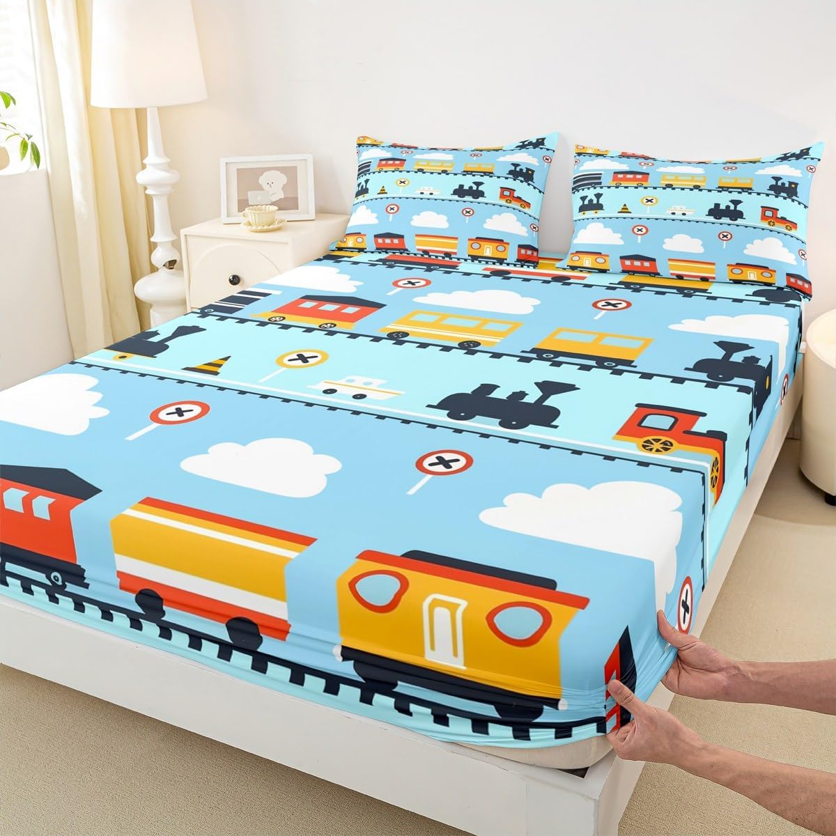 Construction Traffic Bed Sheets Full,Cartoon Train Fitted Sheet Kids Boys Girls Travel Railroad Tracks Sheets,Steam Engine Vehicles Bed Set Light Blue