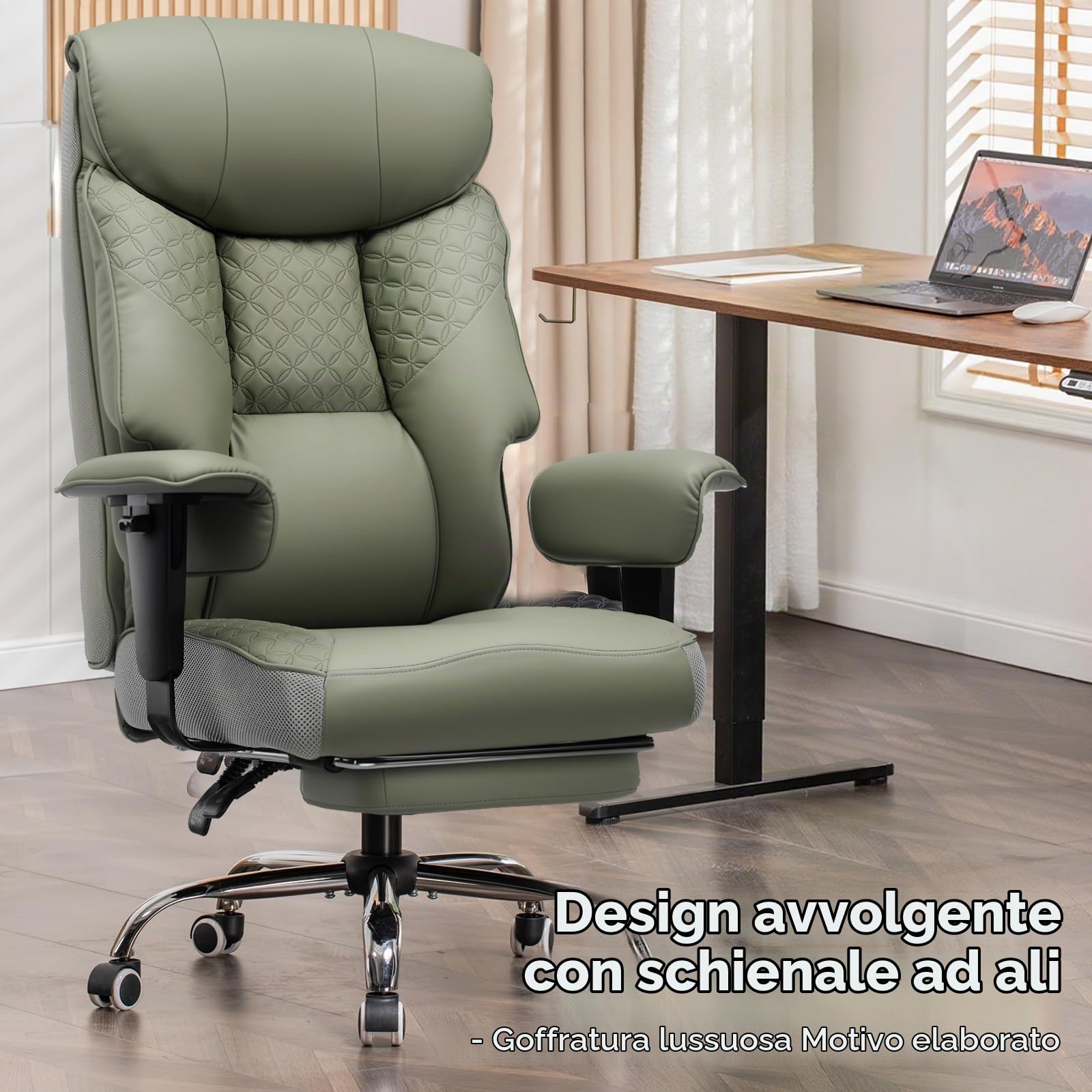 COMHOMA Sedia da gioco per persone grandi e pesanti, sedia da ufficio ergonomica fino a 180 kg, cuscino 3D, regolabile con poggiapiedi, pelle PU, comfort elevato per ufficio e gaming verde