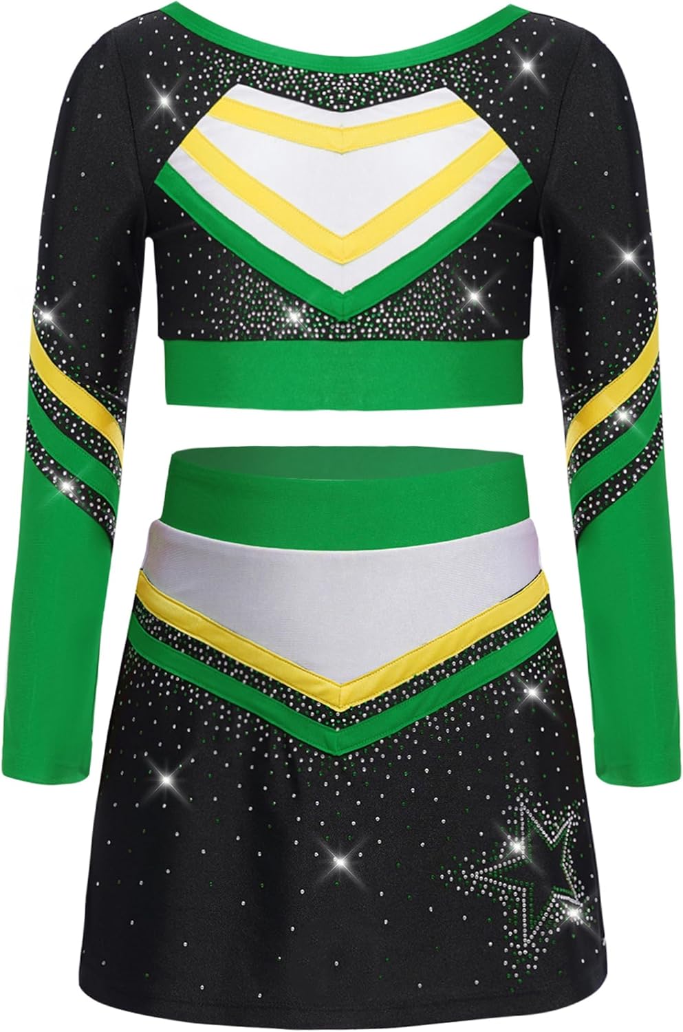 Girls Cheer Leader Uniform Cheerleading Outfit Stage Performance Competitions Halloween Wear Top with Skirt Green 14 Years