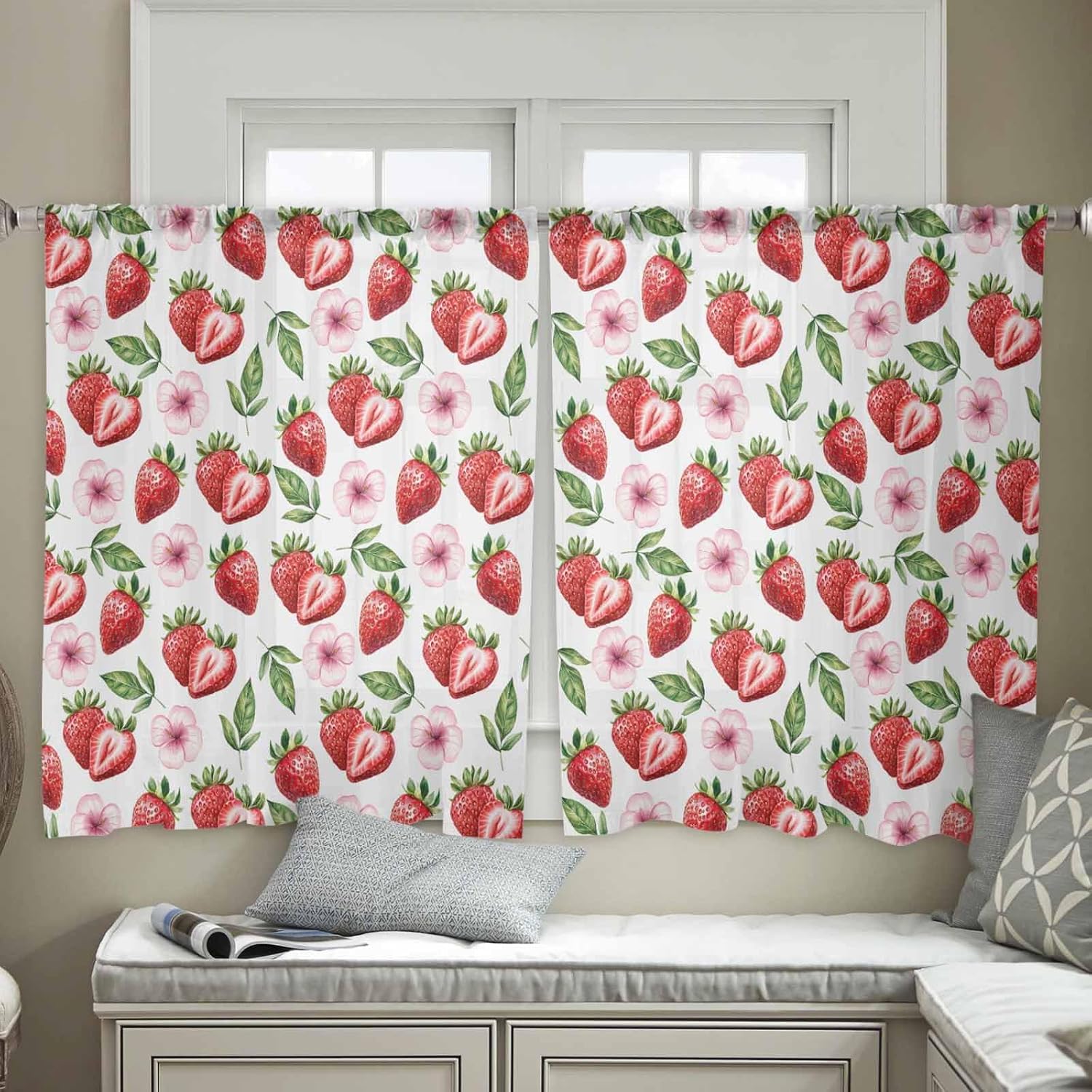 Fruit Sheer Curtains 45 Inches Long, Pink Flower Strawberry Window Treatment Panels Light Filtering Rod Pocke Curtain Voile Drapes for Bedroom/Living Room Each 52" W x 45" L
