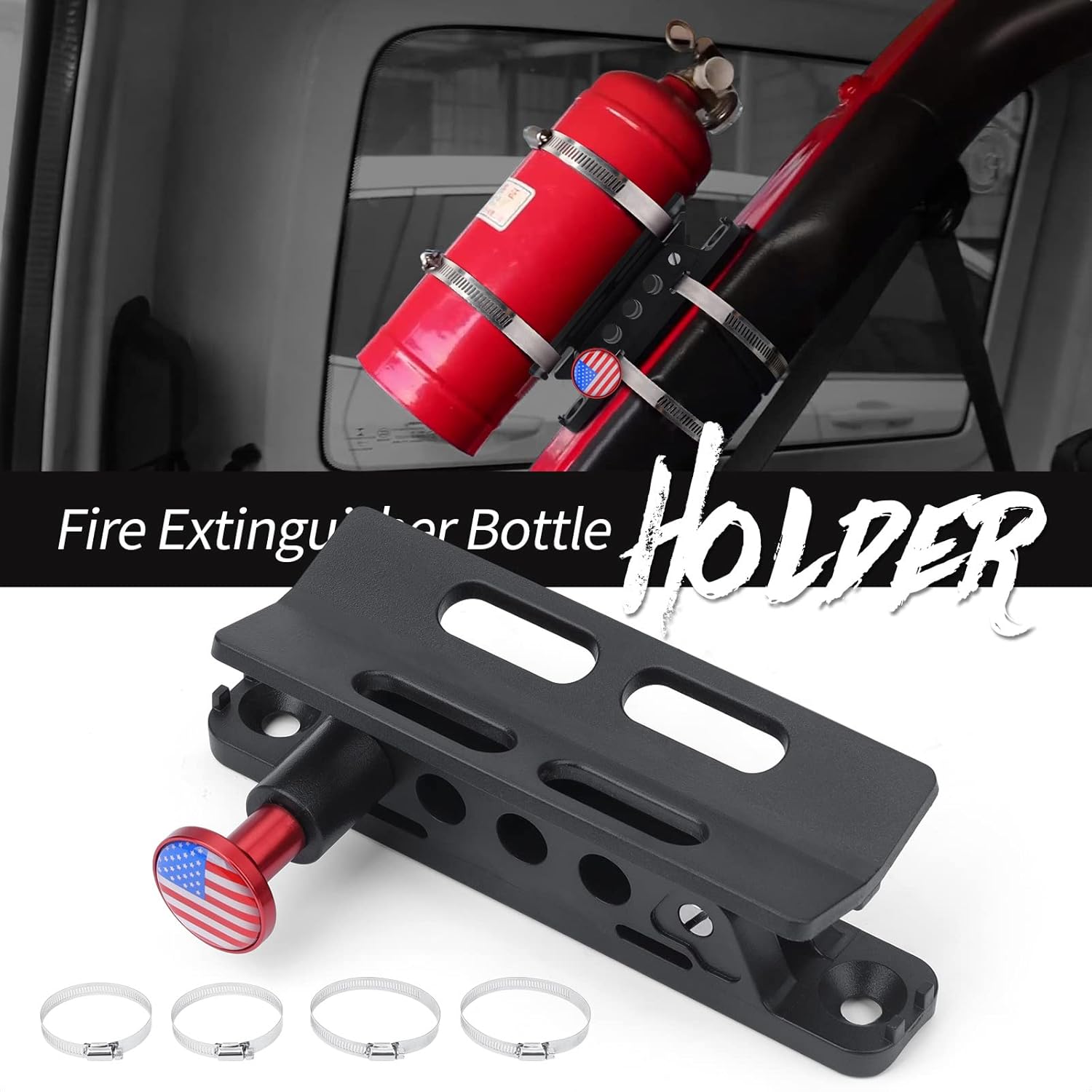 Universal Fire Extinguisher Mount Holder Bracket, Adjustable Quick Release Roll Bar Fit for Jeep Wrangler, Truck, Van, SUV, RV, Mobile Home, UTV