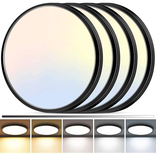 zemty 4Pack LED Flush Mount Ceiling Light, 12Inch 24W Dimmable Ceiling Lights Fixture, 5 Color Temperatures (3000K-6500K) Black Round Ceiling Lamp for Bedroom, Kitchen, Hallway,Bathroom