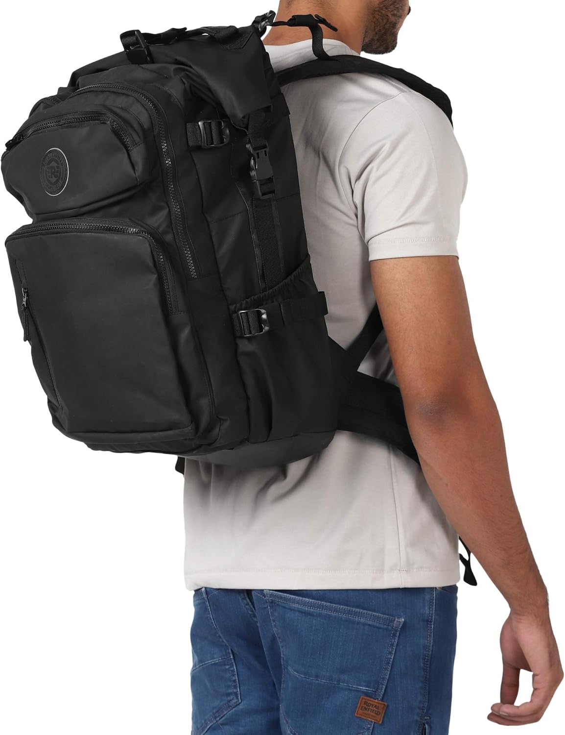 Royal Enfield Roll Top Backpack Black Waterproof 100% Polyester Motorcycle Bag Heavy-Duty Adventure Backpack Large Capacity Travel Pack for Bikers Hiking Camping Touring Outdoor Commuting