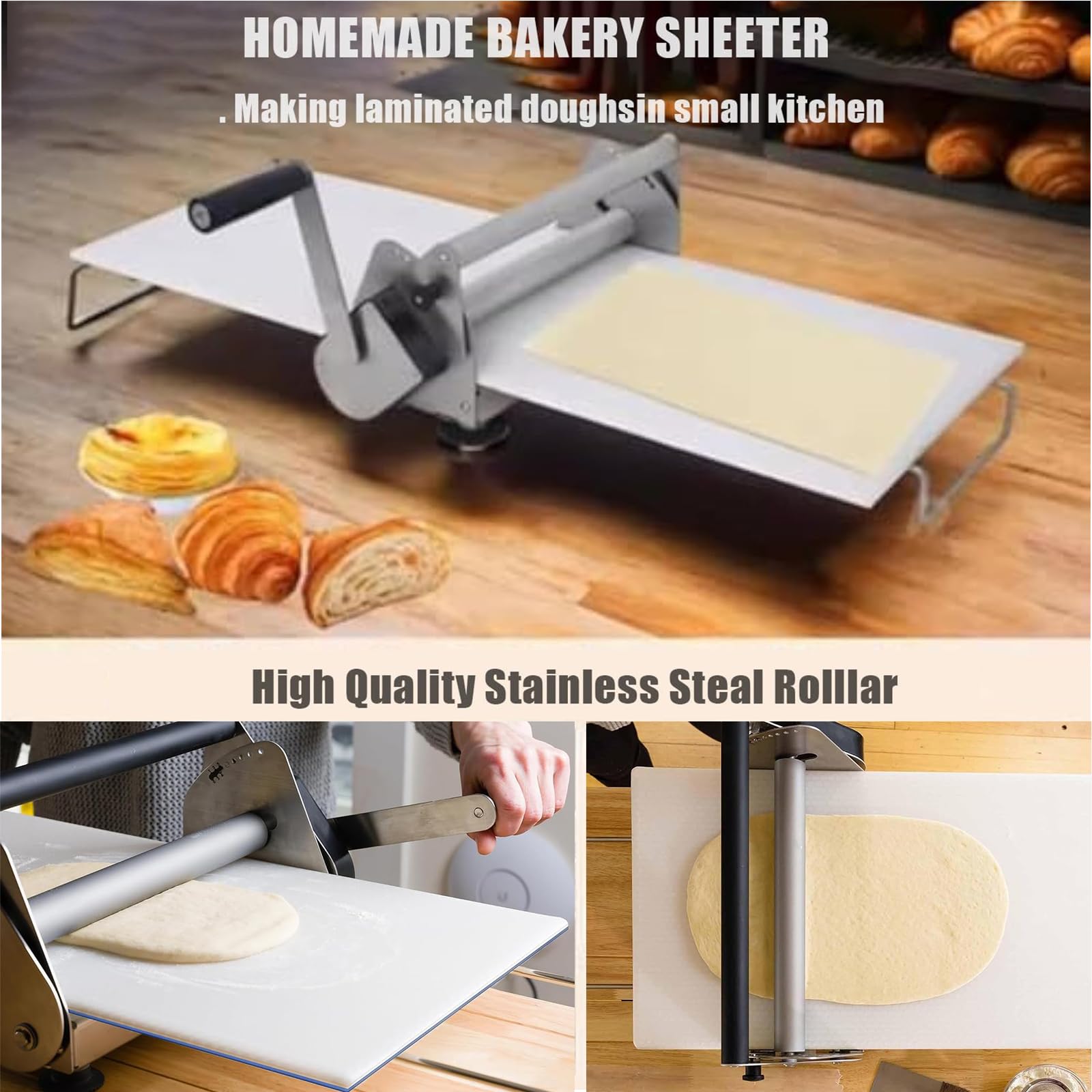 Laminadora De Masa Manual Laminadora De Masa Hojaldre Plegable Manual Comercial Rodillo De Repostería Plegable Compacto, Prensadora De Masa De Hojaldre, Acero Inoxidable, Grosor Ajustable