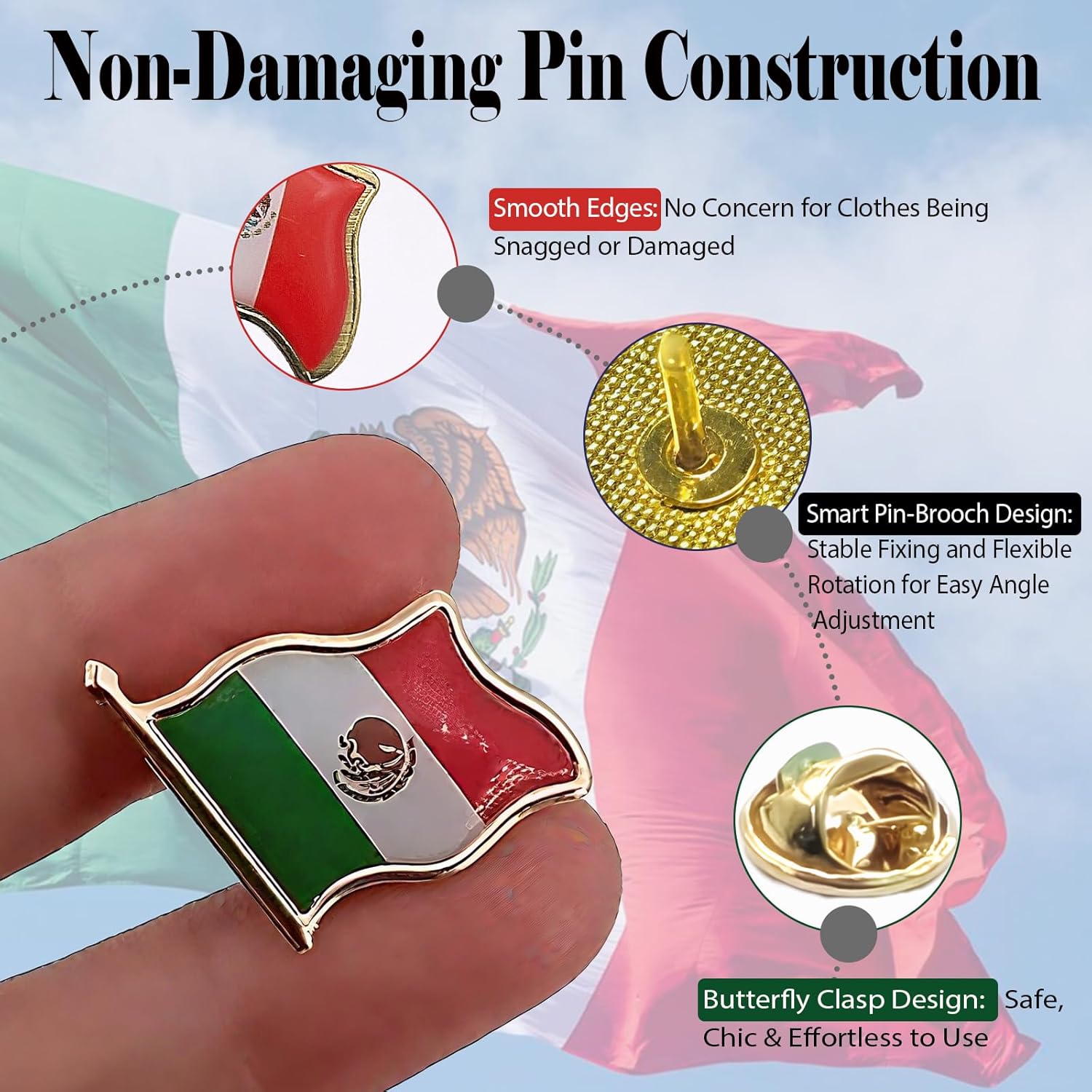 Mexico Flag Lapel Pin - Enamel Metal National Badge,Country Flag Patriotic Brooch Bulk Pack of Pins for Hat, Tie, Clothes, Backpack (2 packs) - Image 3