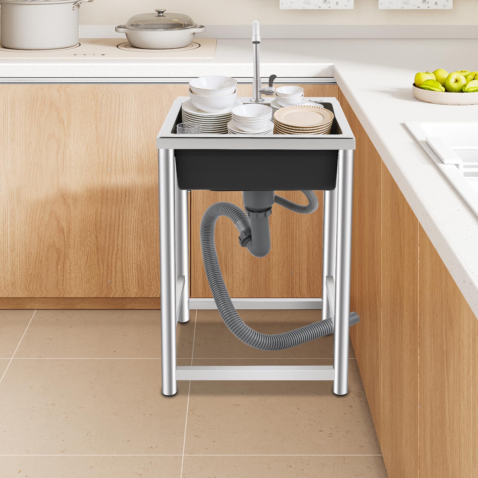 Fregadero negro 40 x 45 cm, fregadero de cocina de acero inoxidable con grifo, fregadero independiente con escurridor y dispensador de jabón para hogares, restaurantes, lavanderías