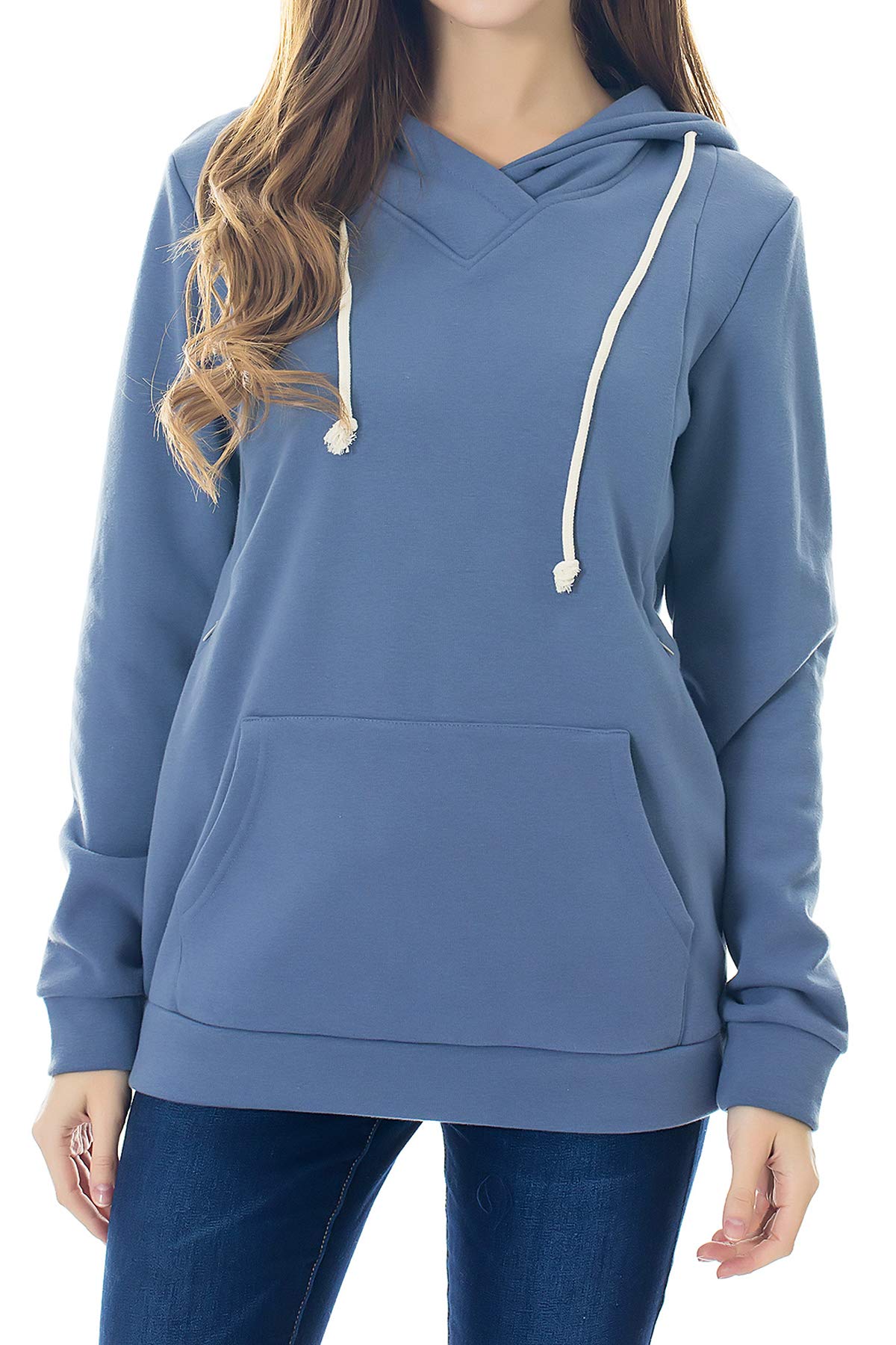 Smallshow Nursing Hoodies Fleece Maternity Sweatshirt for Breastfeeding Grey Blue S