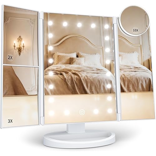 HUONUL Makeup Mirror Vanity with Lights, 2X 3X 10X Magnification, Touch Control, Trifold Mirror, Dual Power Supply, Women Gift(White)