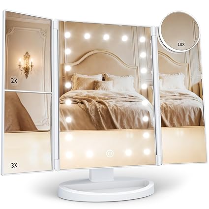 HUONUL Makeup Mirror Vanity with Lights, 2X 3X 10X Magnification, Touch Control, Trifold Mirror, Dual Power Supply, for Women, Mom, Teengirls(White)