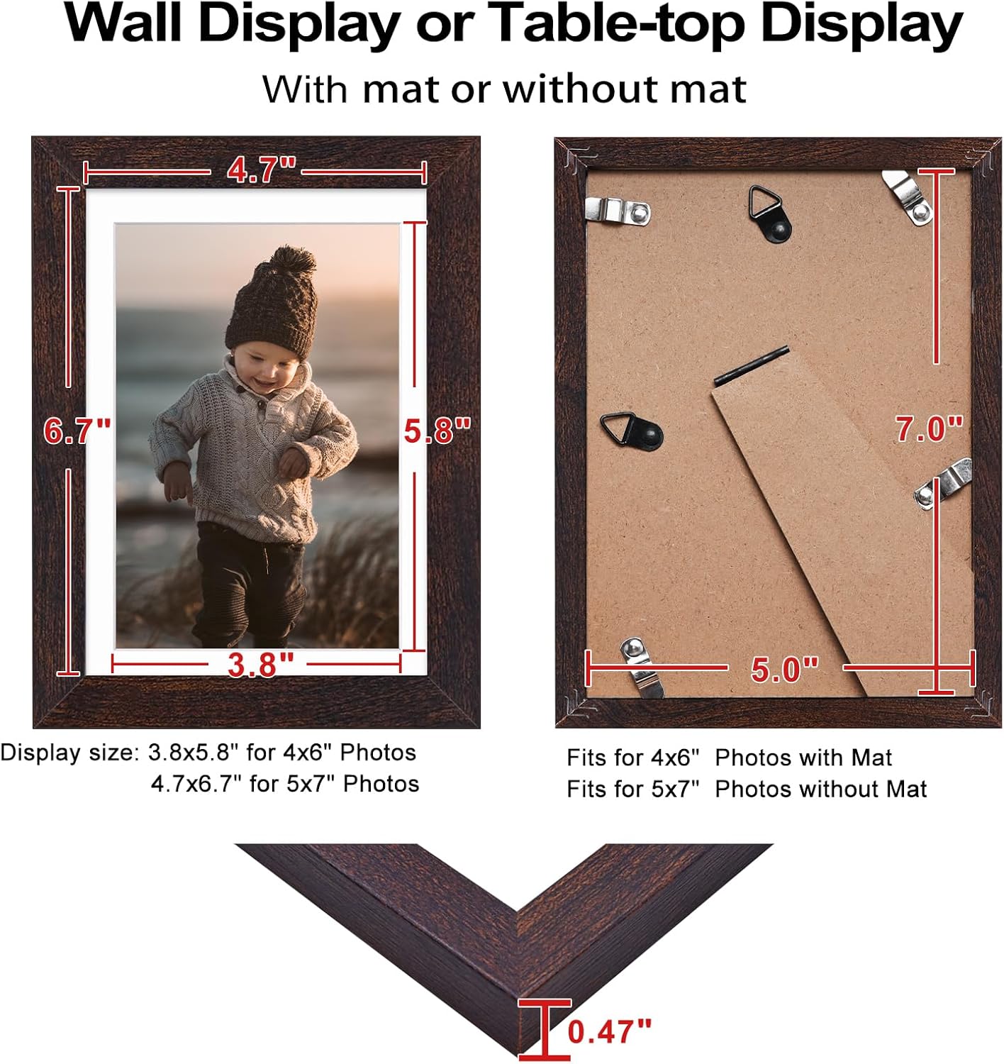 KINLINK 5x7 Picture Frame Brown Set of 4, Wooden Photo Frames Matted 4x6 with Plexiglass for 4x6 with Mat or 5x7 without Mat for Table and Wall Display