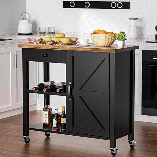 Carritos de isla de cocina con ruedas, isla rodante de granja para cocina con cajones de almacenamiento y estante ajustable, estantes de vino,