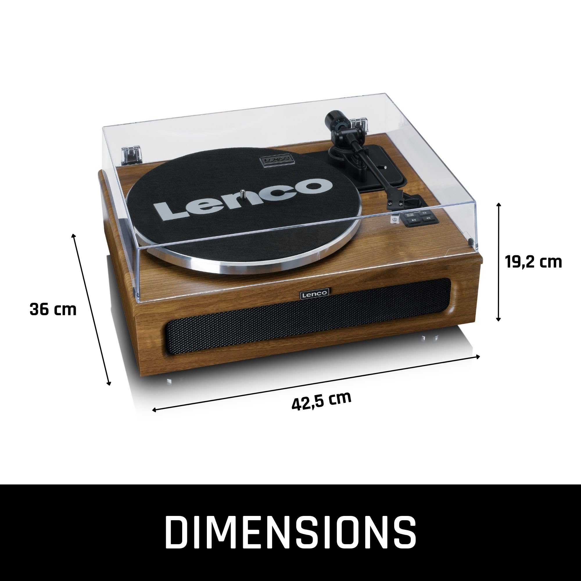 Lenco LS-410WD - Vinyle, Platine Vinyle, Tourne Disque, Lecteur Vinyle, Bluetooth - 33 et 45 - Cellule AT-3600 - 40 W RMS - 4 enceintes intégrées - Préamplificateur - RCA - AUX - Bois