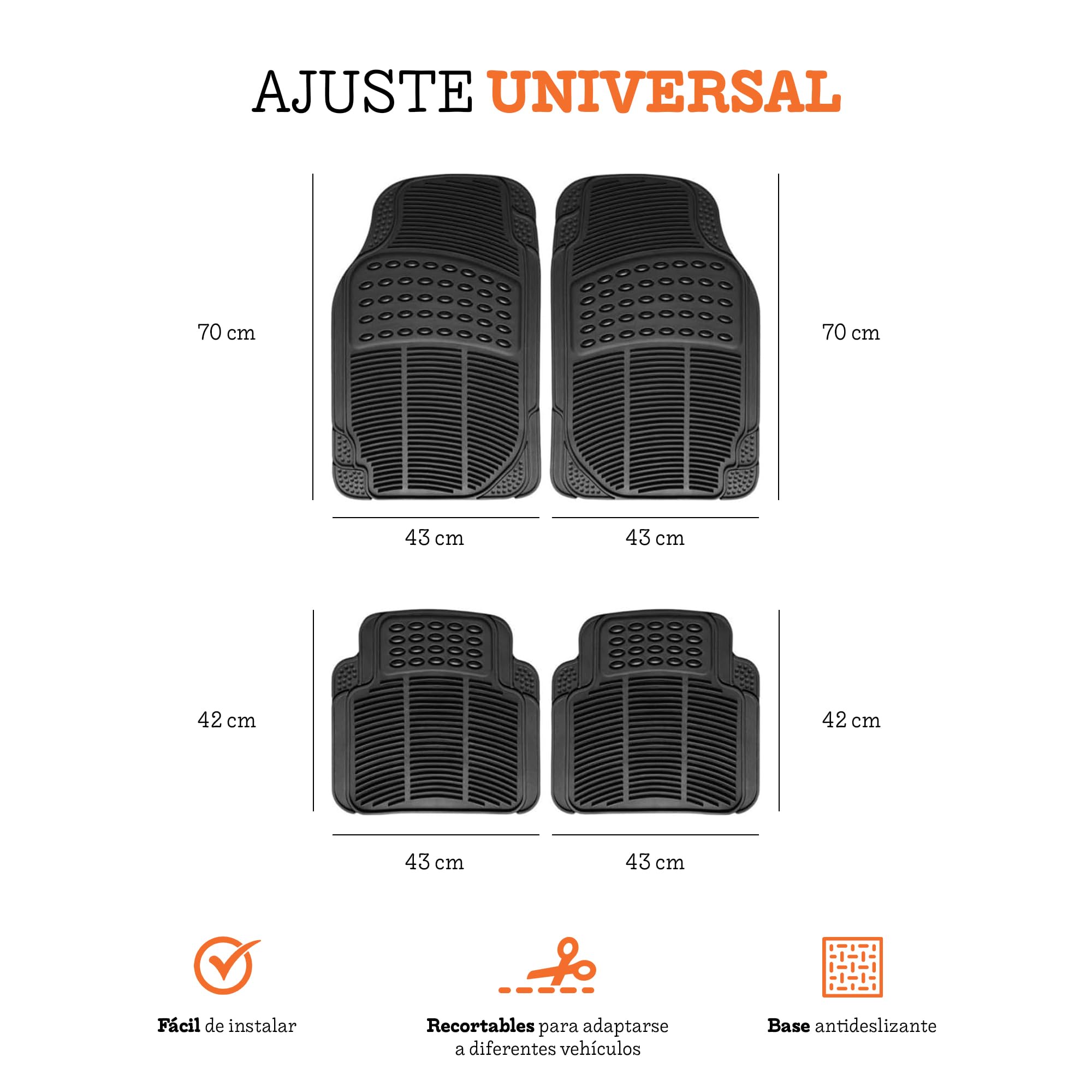 Alfombrillas Coche Universales Pack 4 Piezas (2 Piezas Delanteras y 2 Piezas traseras), Alfombras Coche Antideslizantes, Alfombrilla Coche Goma PVC Flexible, Recortables, Fácil Limpieza — view 2