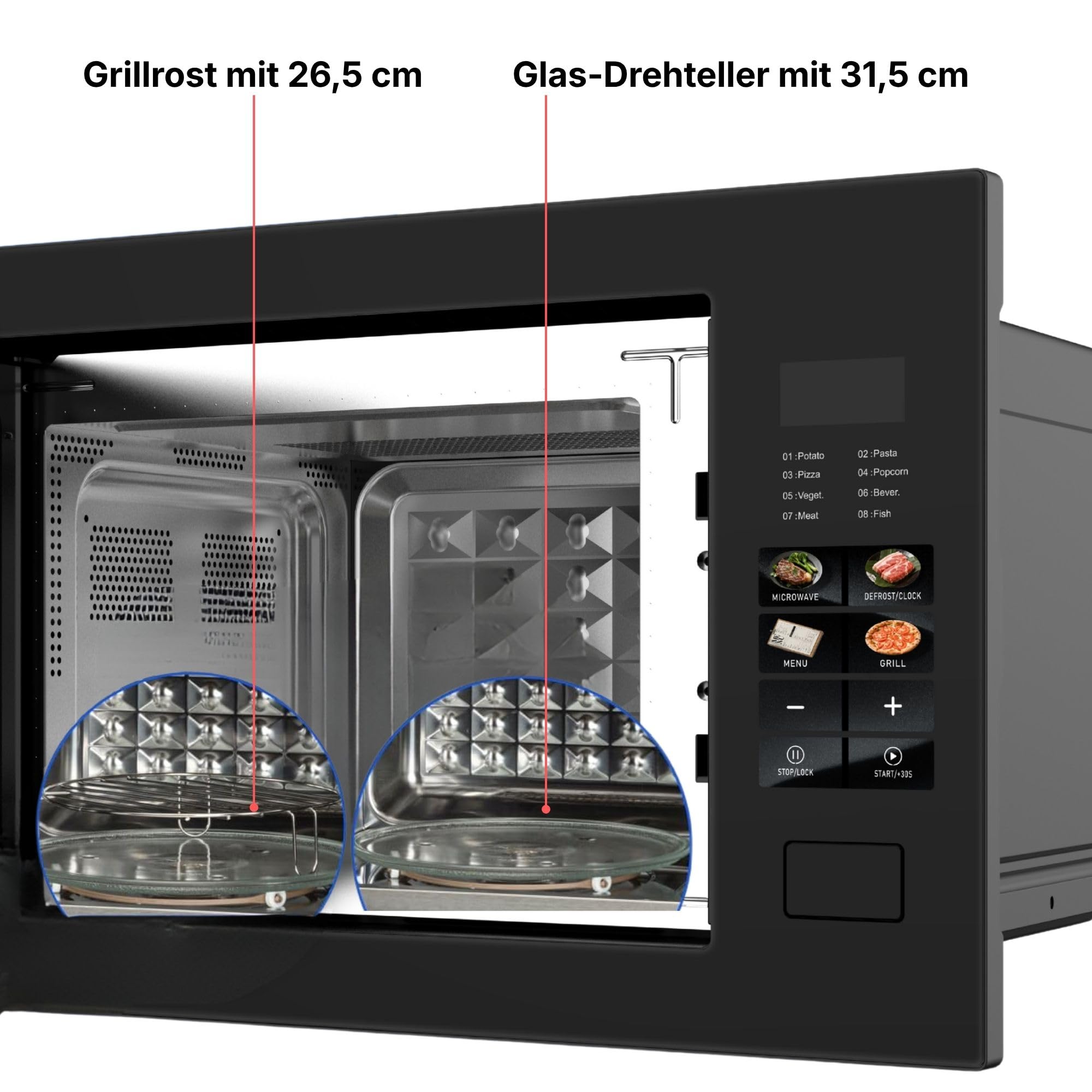 Einbaumikrowelle 60 cm | Einbau Mikrowelle 25 Liter | Full Touch | 1200W Grill | Glasrahmen | Edelstahl | inkl. Grillrost und Drehteller