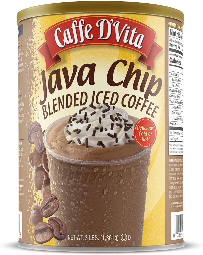 Caffe D'Vita Java Chip Latte Blended Ice Coffee - Java Chip Frappe Mix, Blended Iced Coffee Mix, Gluten Free, Low Fat, No Cholesterol, No Hydrogenated Oils, No Trans Fat, Kosher-Dairy - 3 Lb Can