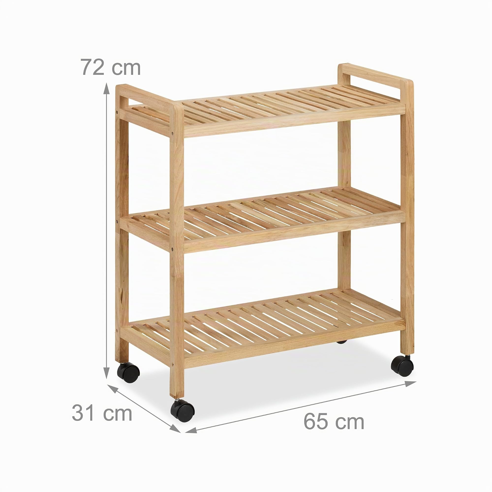 Relaxdays Estantería de Baño, Madera Nogal, 72 x 65 x 31 cm, Estante Aseo con Ruedas, 3 Baldas, Baño y Cocina, Natural