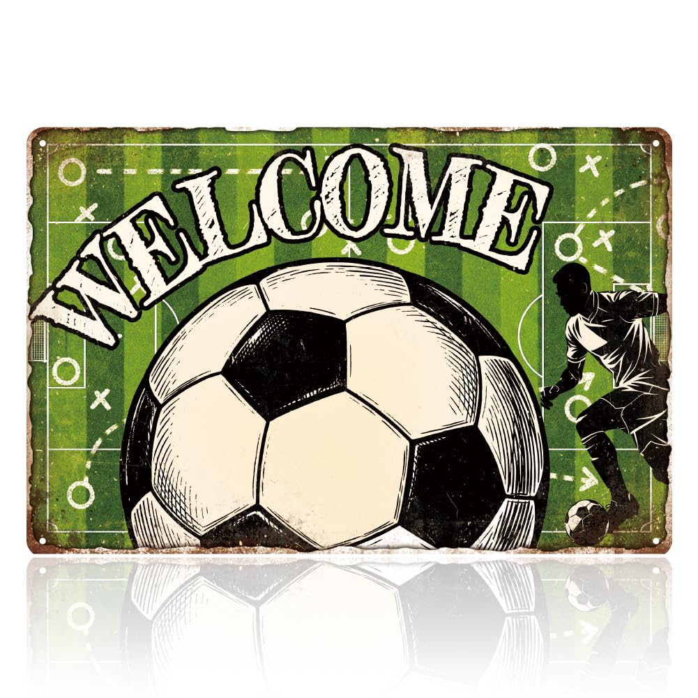 WADORN Soccer Welcome Vintage Metal Tin Sign, 8x12 Inch Green Field & Soccer Ball Retro Wall Art Sports-Themed Decor Poster Plaque Signs Gift for Sports Fans Garage Game Day Man Cave Football Lovers